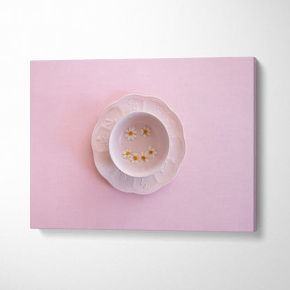 Pink minimalist digital canvas wall art featuring a delicate plate with small flowers for modern decor.