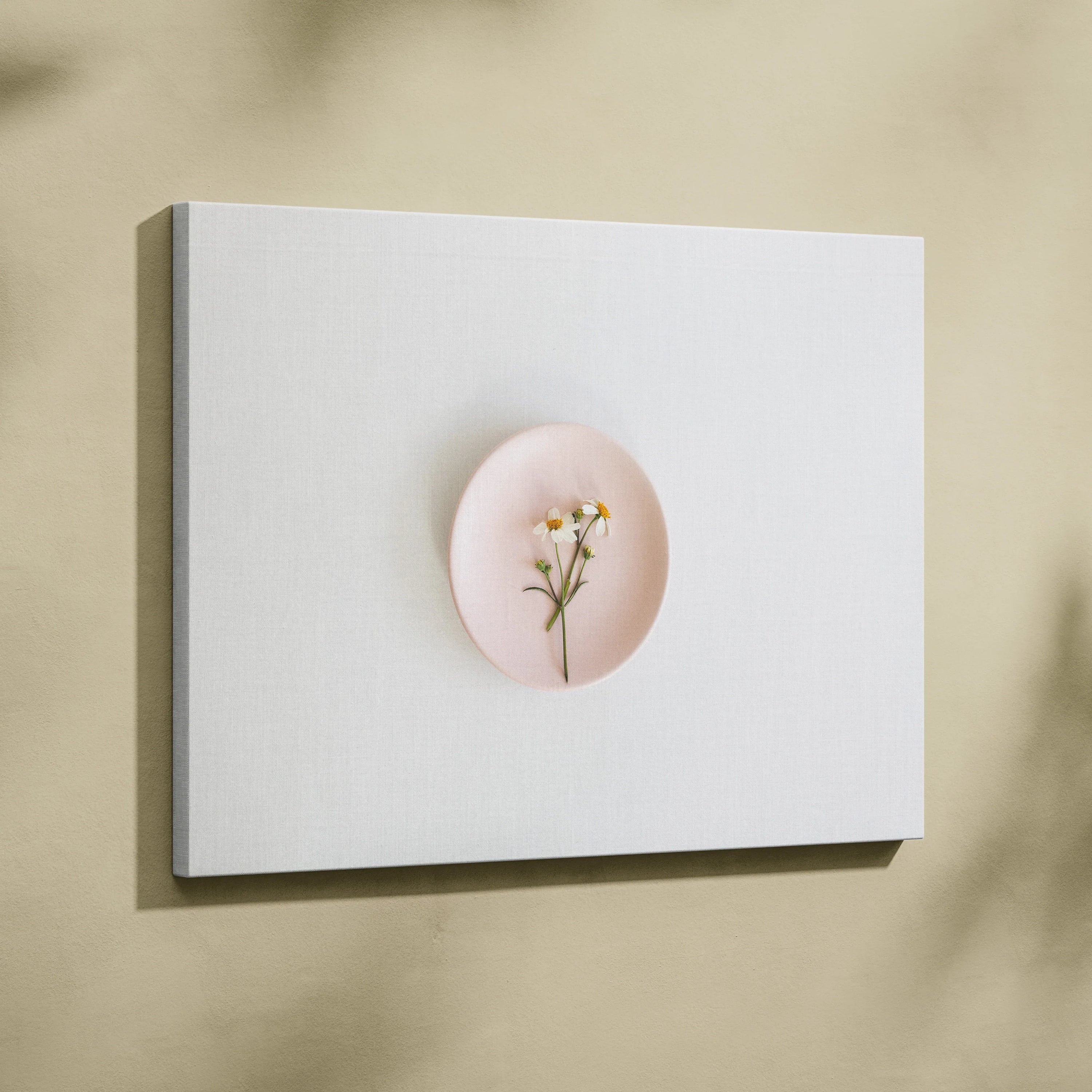 Minimalist canvas wall art featuring a pink plate with delicate white flowers, modern decor style.