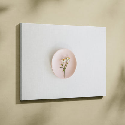 Minimalist canvas wall art featuring a pink plate with delicate white flowers, modern decor style.
