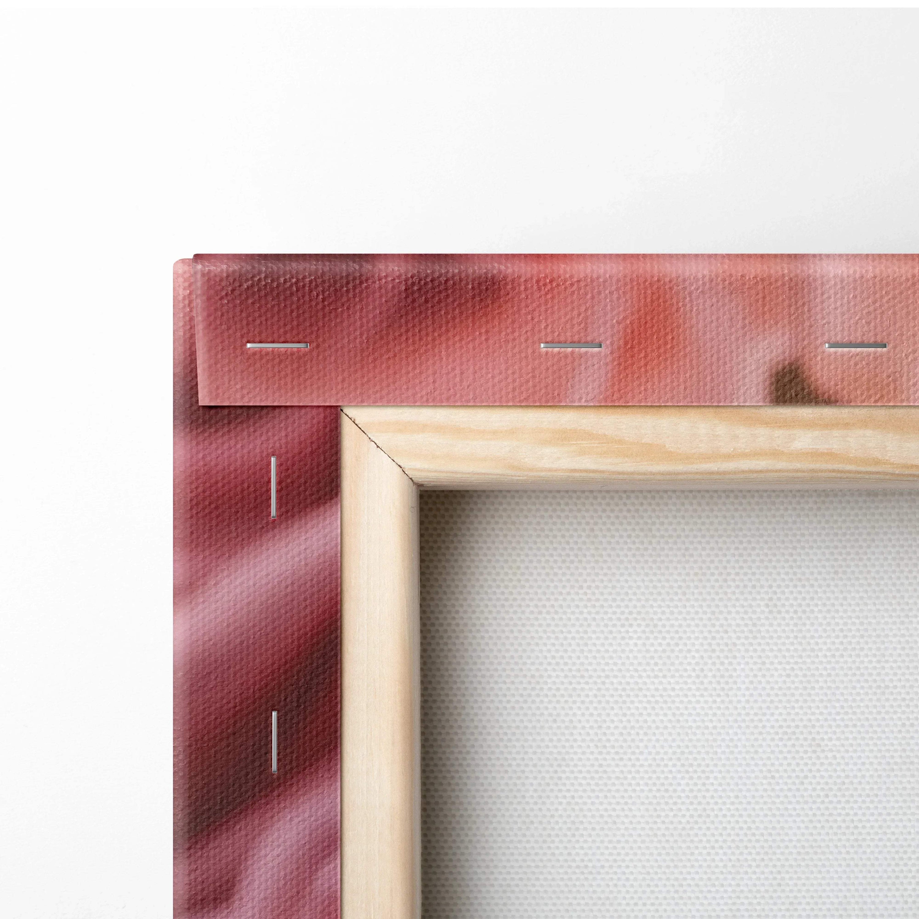 Close-up of wooden frame and stapled pink rose floral canvas wall art decor corner.