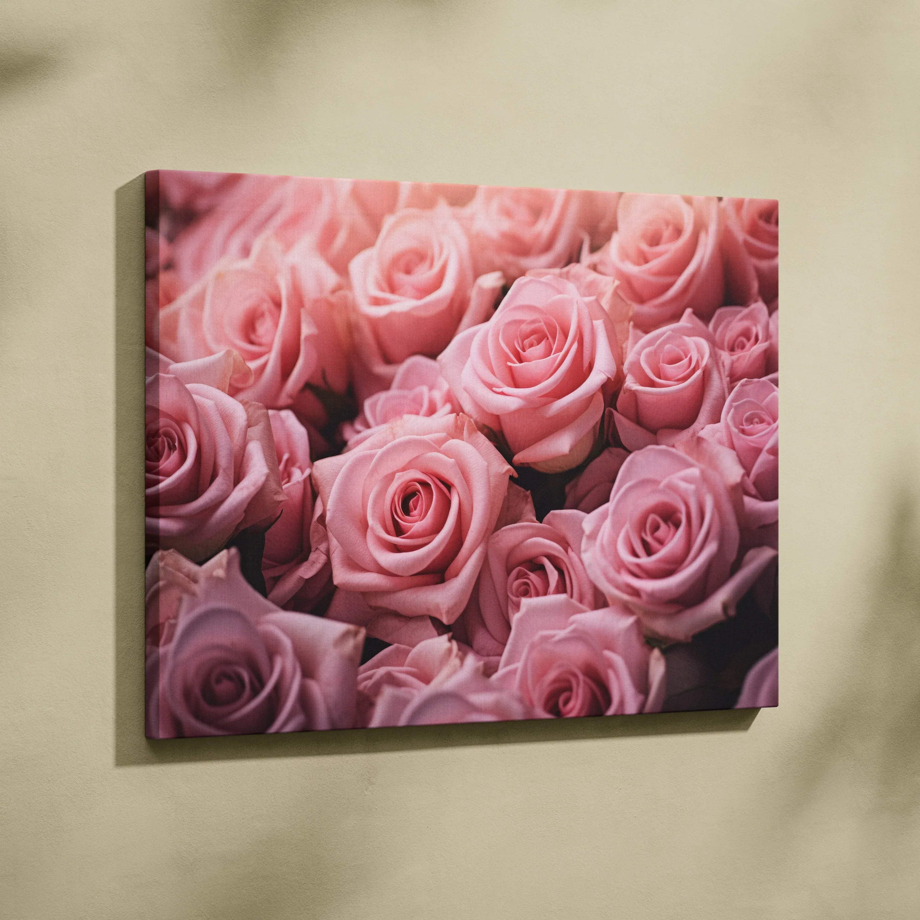 Pink rose bouquet close-up canvas wall art decor in soft, romantic tones.