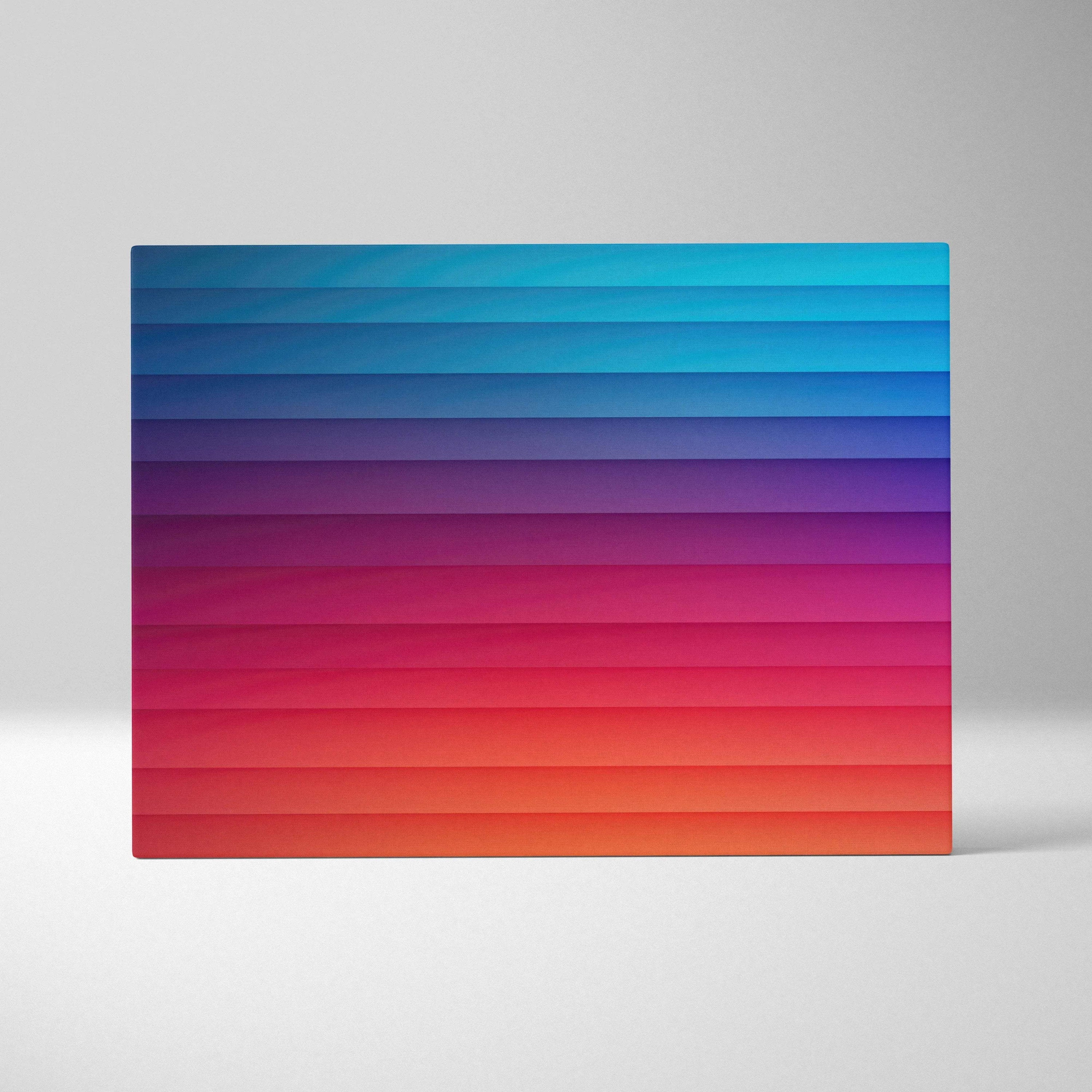 Abstract gradient canvas art with layered horizontal stripes in blue, purple, pink, and orange tones.