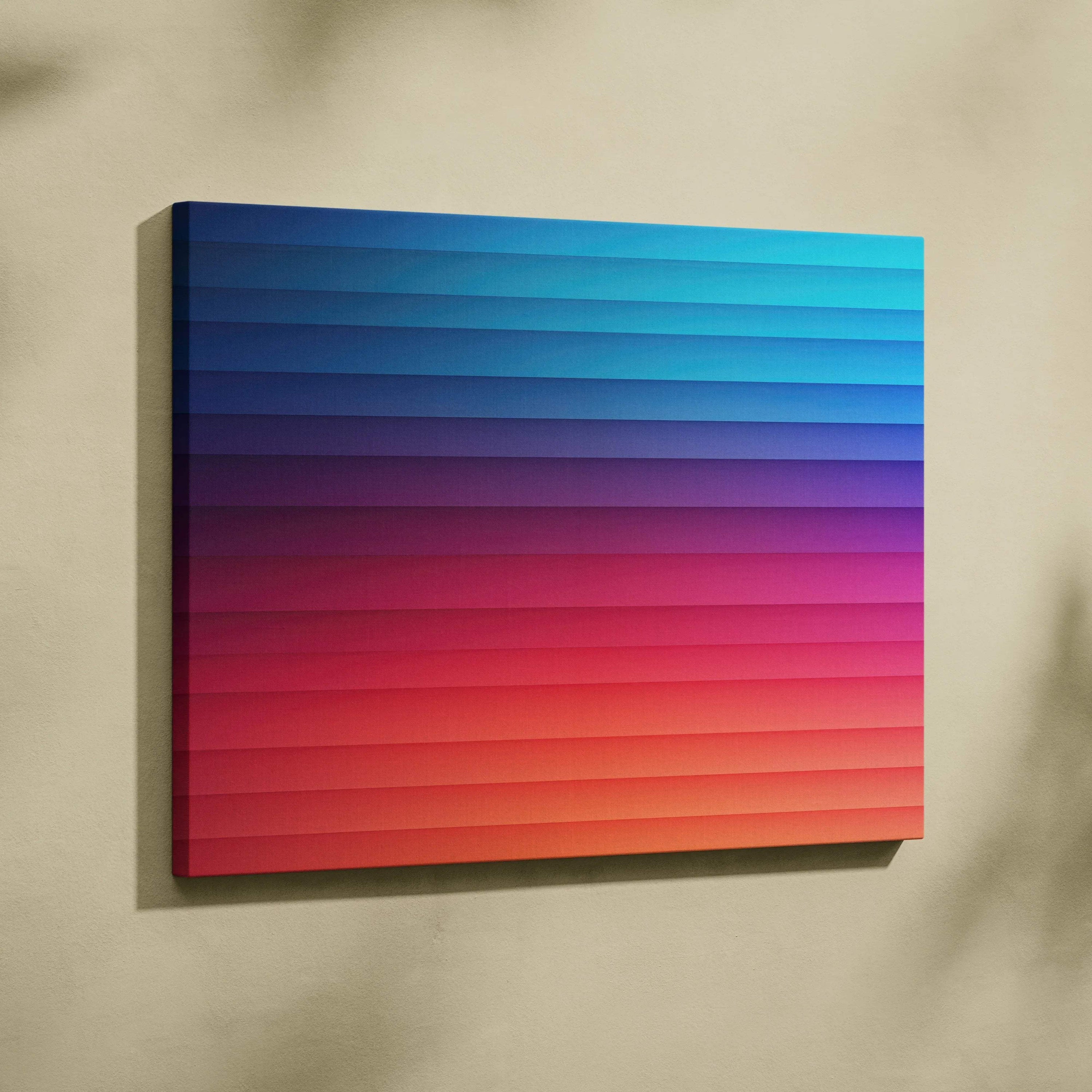 Modern abstract gradient canvas art with horizontal layered stripes in blue, purple, and red tones hanging on beige wall.