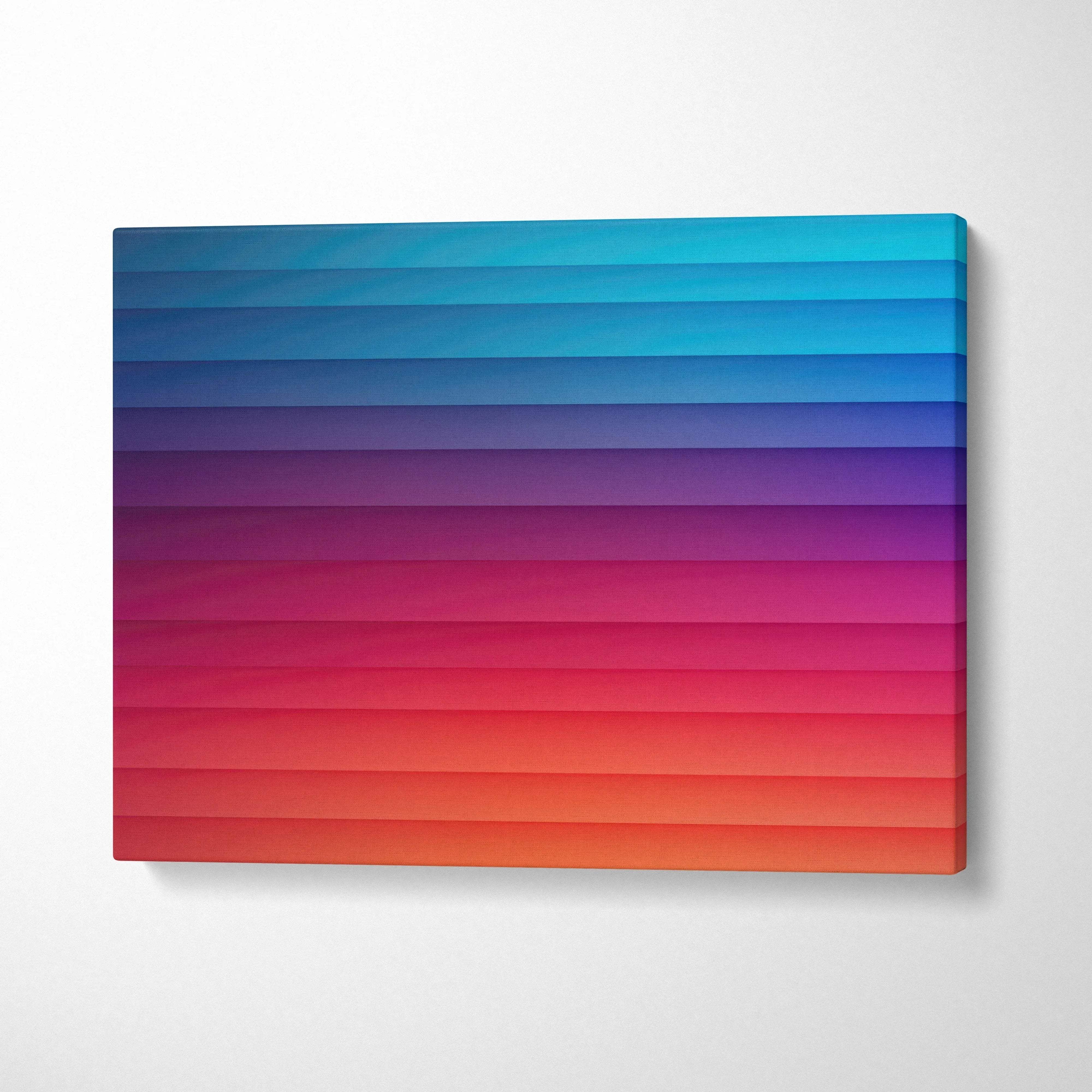 Color gradient abstract canvas art with horizontal stripes in blue, purple, pink, and orange tones.