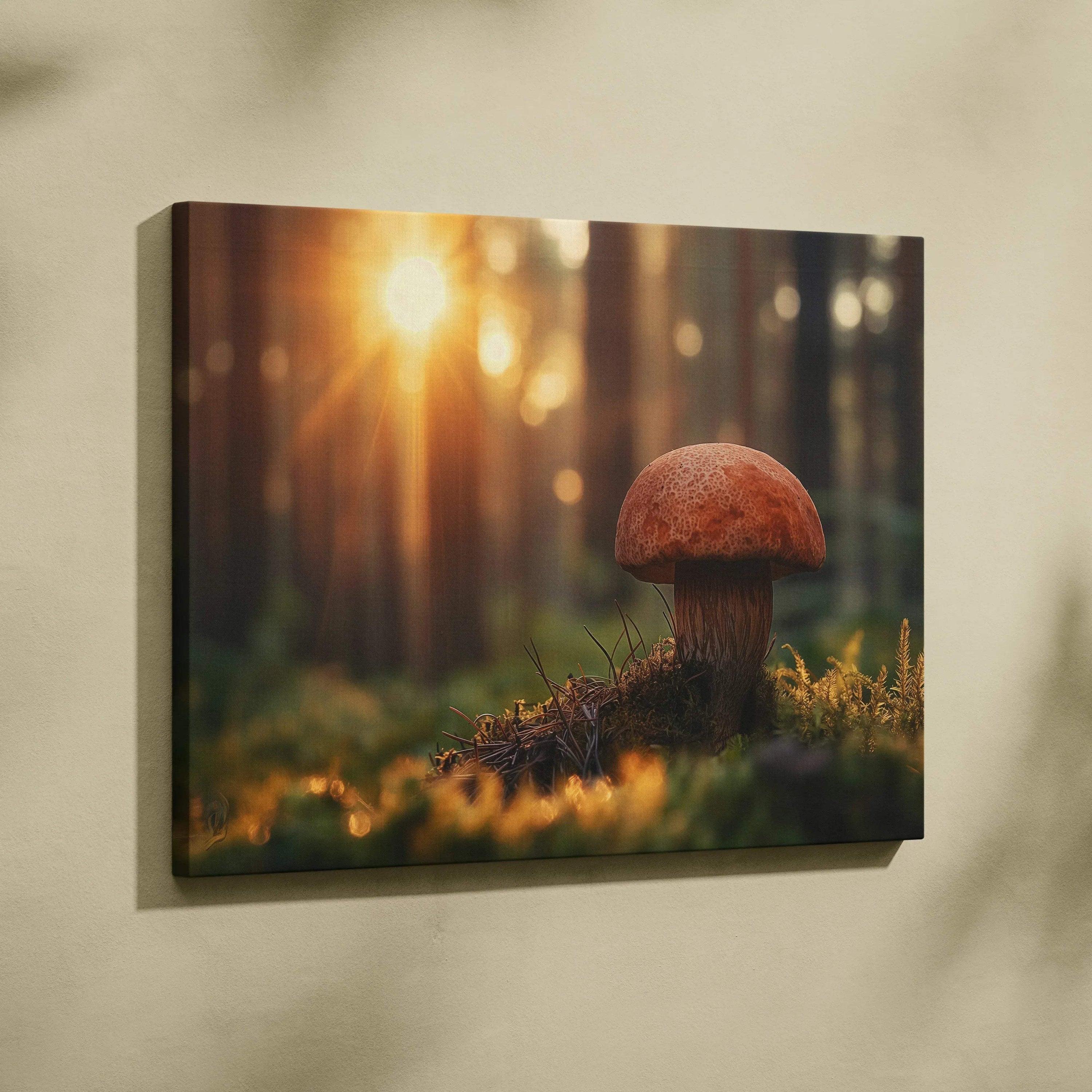Porcini mushroom canvas wall art with warm sunset background and forest floor details.