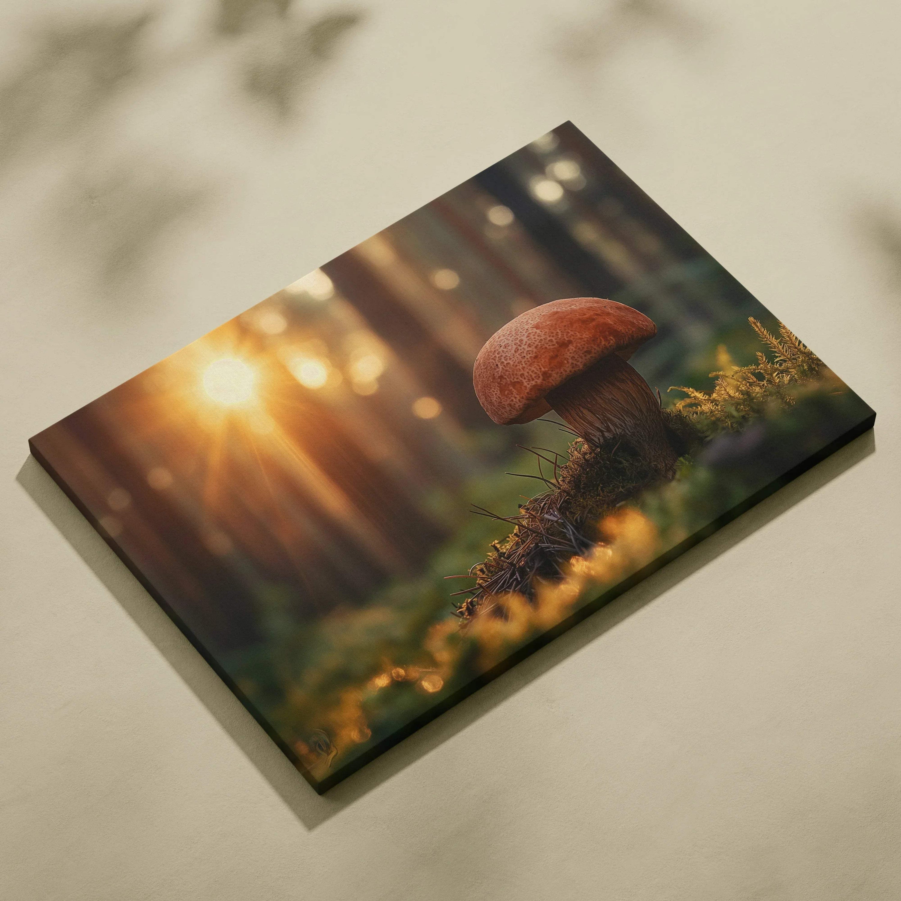 Canvas wall art featuring a glowing porcini mushroom in a forest setting with warm sunlight and soft focus background.