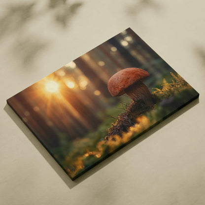 Canvas wall art featuring a glowing porcini mushroom in a forest setting with warm sunlight and soft focus background.