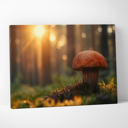 Canvas wall art print featuring a close-up of a brown porcini mushroom in soft sunlight with blurred forest background.