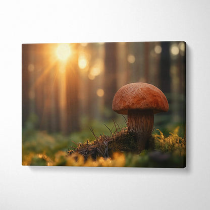 Porcini mushroom close-up canvas wall art with warm sunlight and forest background decor.