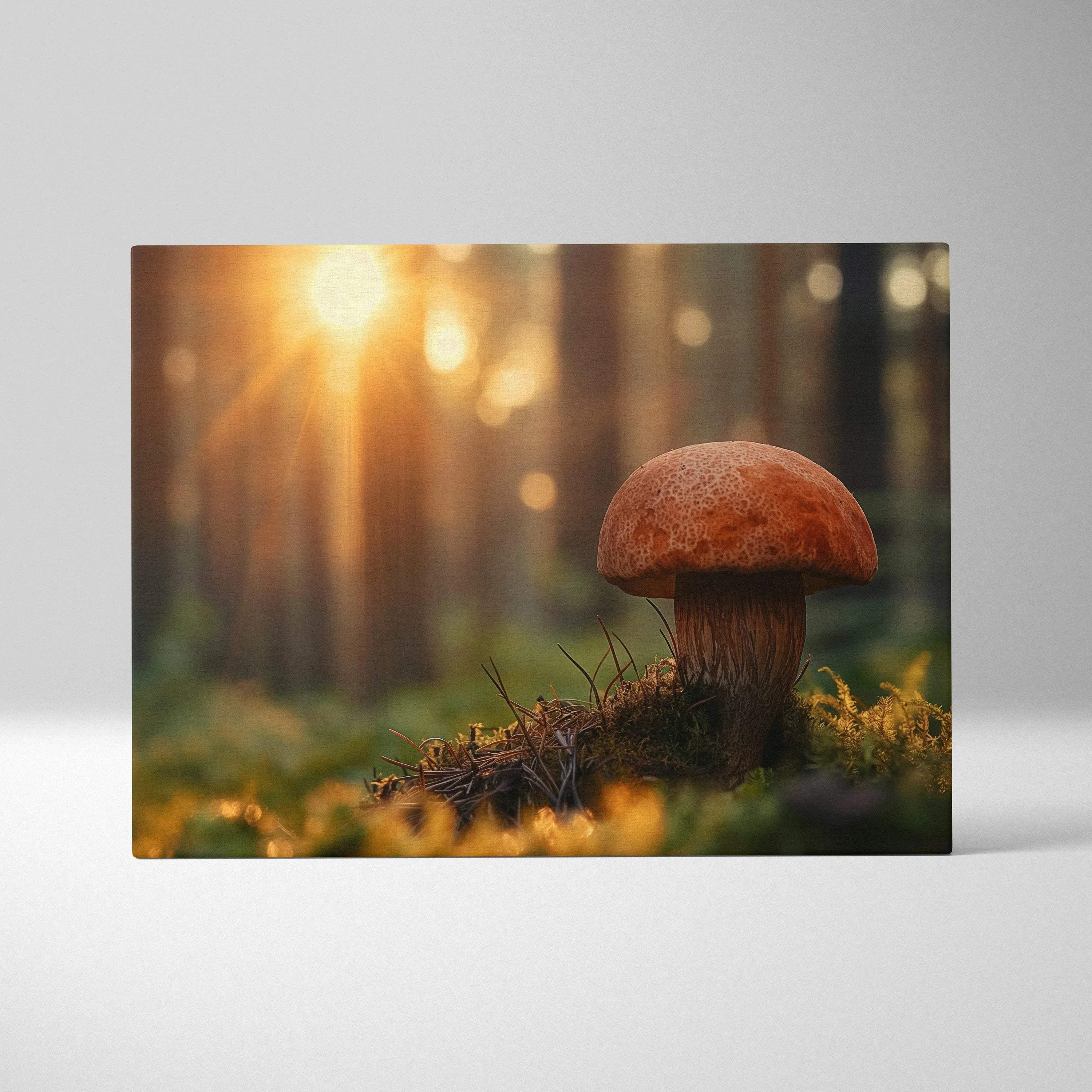 Porcini mushroom close-up on forest floor with sunlight, nature-inspired canvas wall art decor.