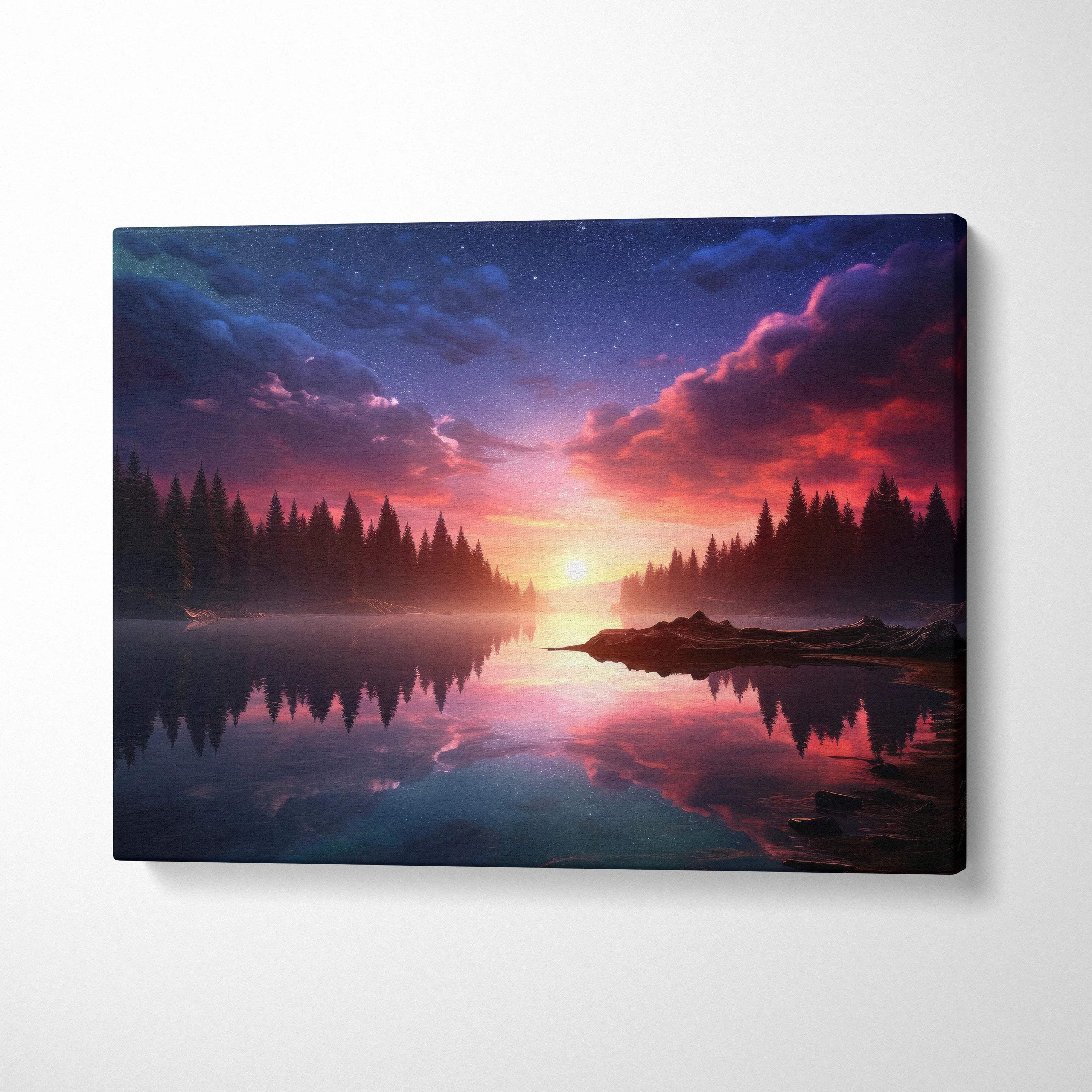 Fantasy Lake Sunset canvas wall art with colorful surreal landscape at twilight