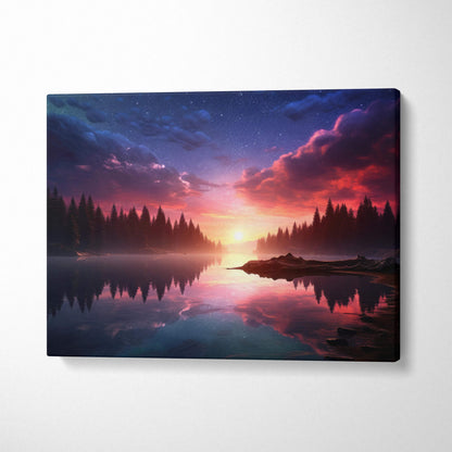 Fantasy Lake Sunset canvas wall art with colorful surreal landscape at twilight