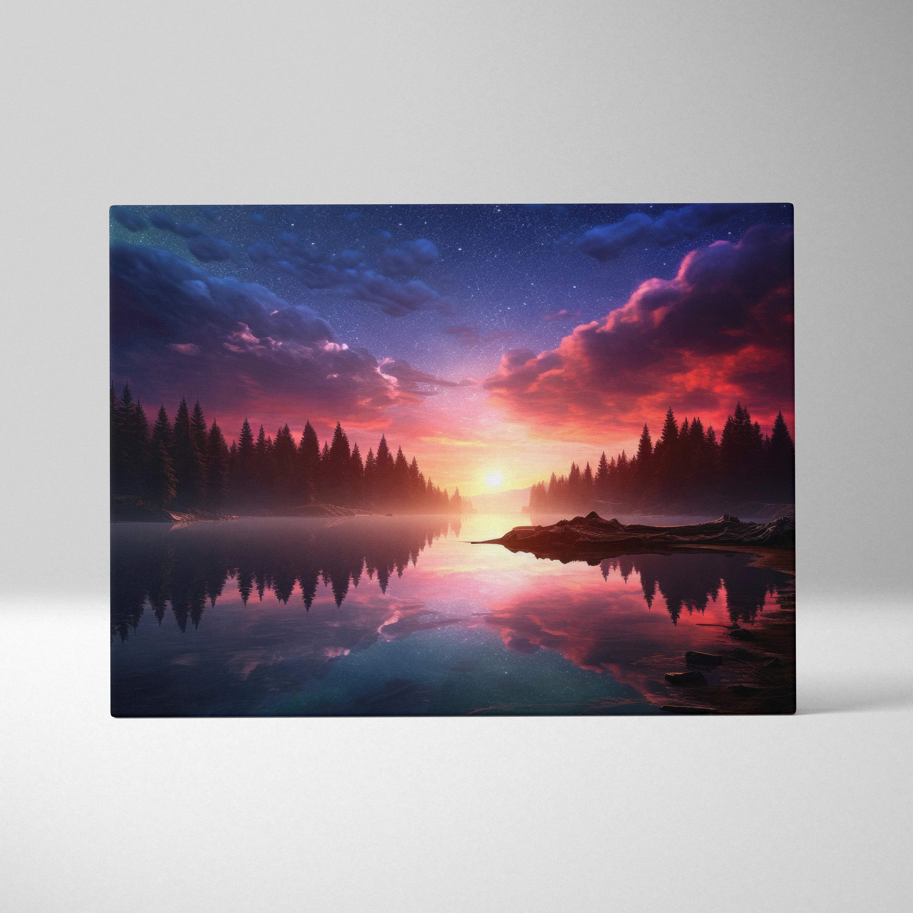 Fantasy Lake Sunset canvas wall art with vibrant purple pink orange twilight skies reflected in calm water amid dark pine trees