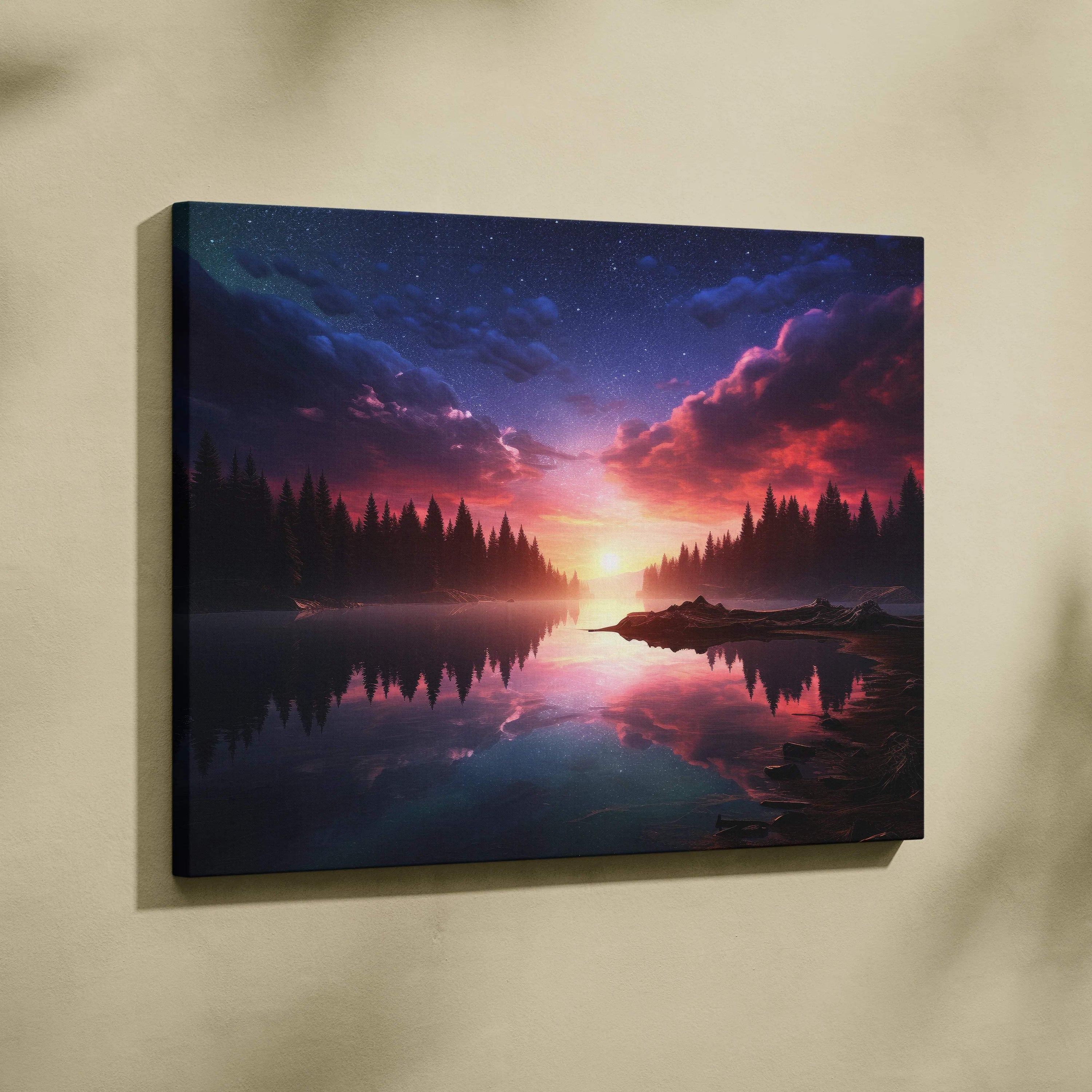 Fantasy Lake Sunset canvas wall art: surreal colorful landscape with twilight lake reflections