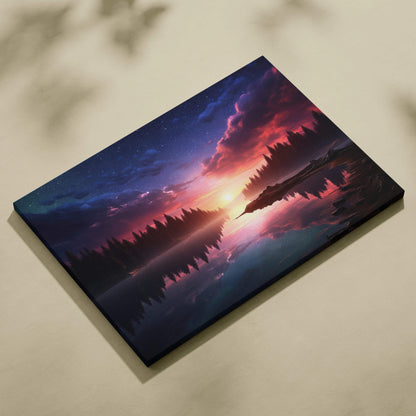 Fantasy Lake Sunset canvas wall art with vibrant purple pink blue reflections
