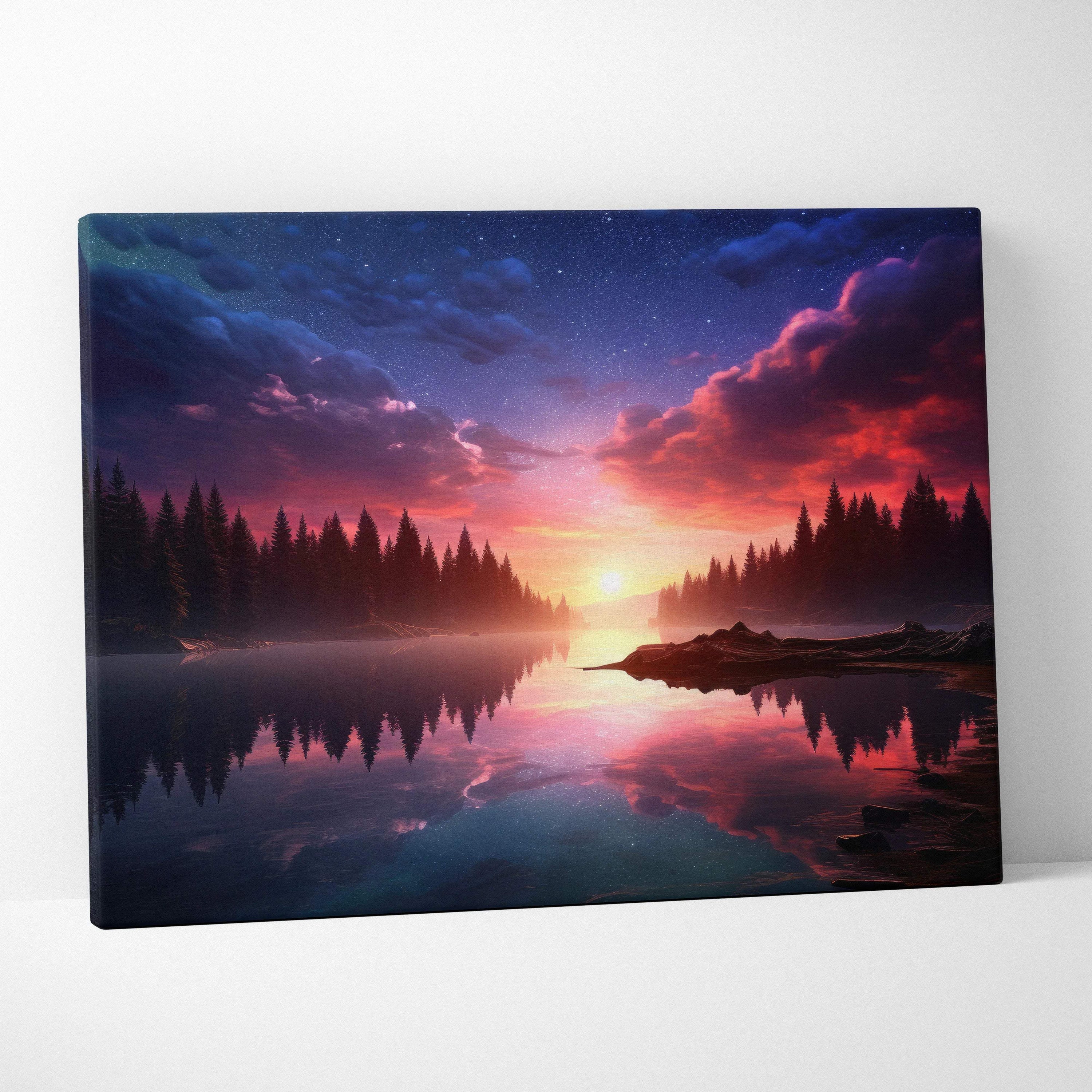 Vibrant fantasy lake sunset canvas wall art, surreal colorful landscape for living room decor