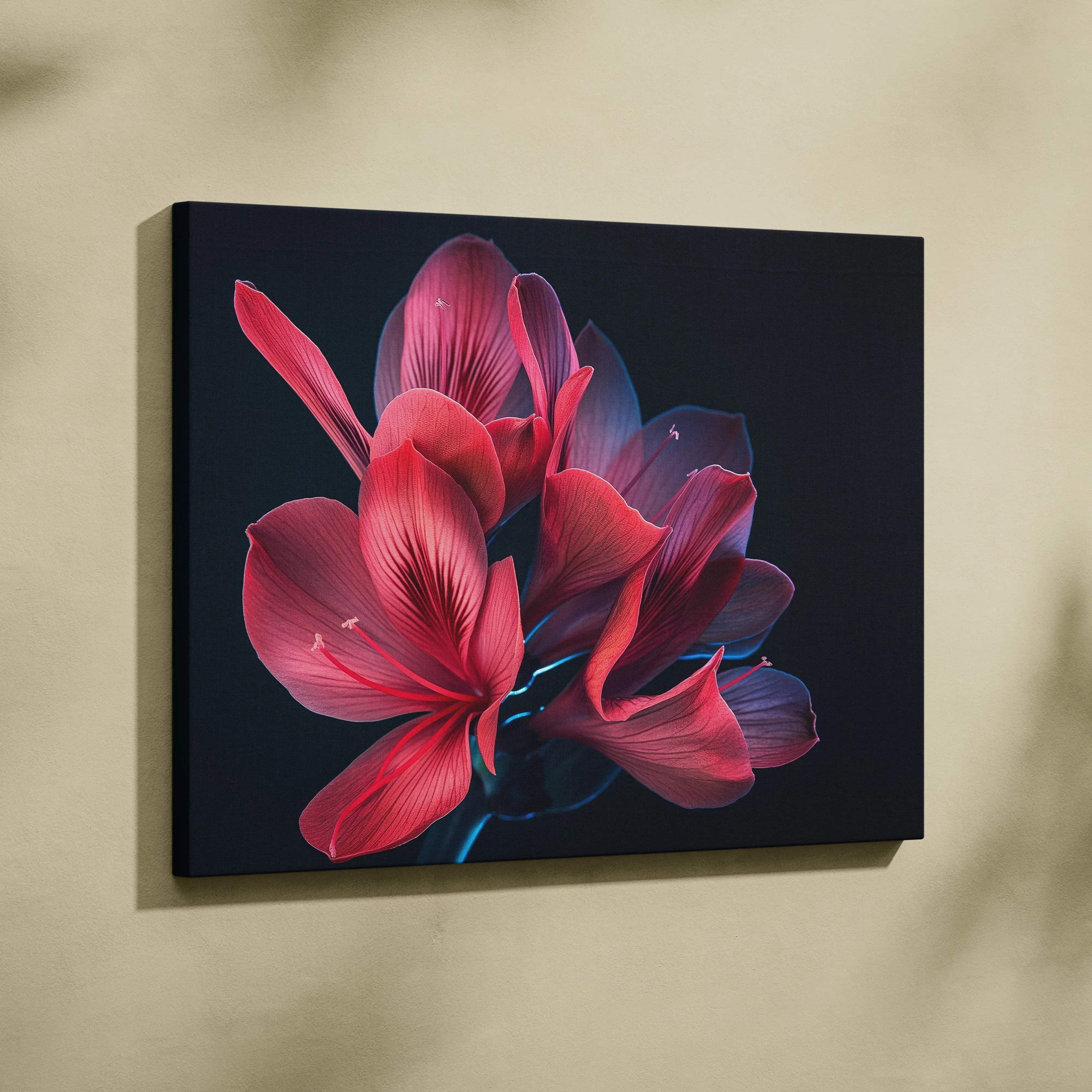Canvas wall art featuring vibrant pink cherry blossom flowers on a black background, elegant home decor.