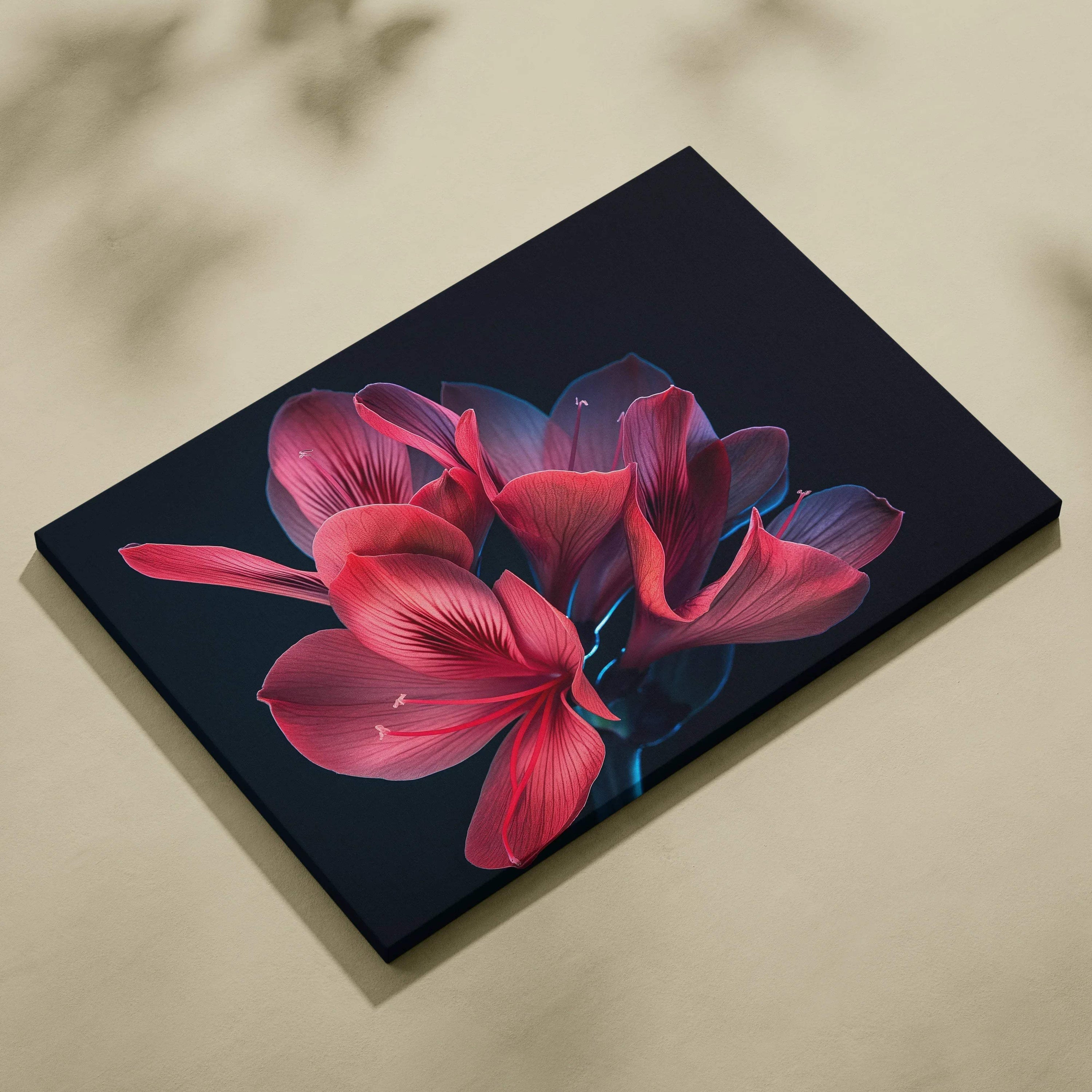 Pink cherry blossom floral design on rectangular black canvas wall art for home decor.