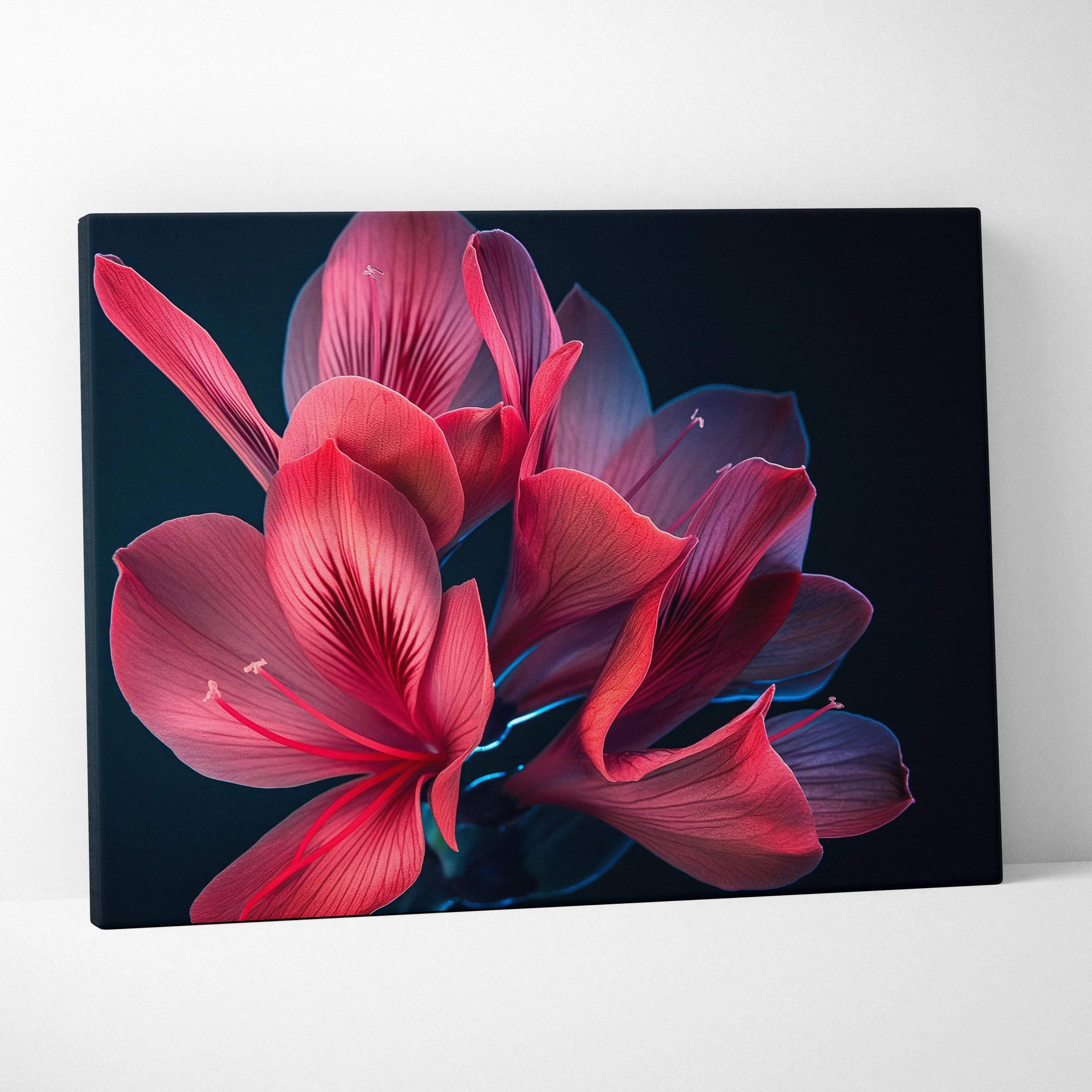 Pink cherry blossom floral canvas wall art with dark background, elegant home decor.