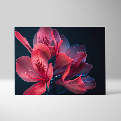 Pink cherry blossom flowers with detailed petals on dark blue canvas wall art.