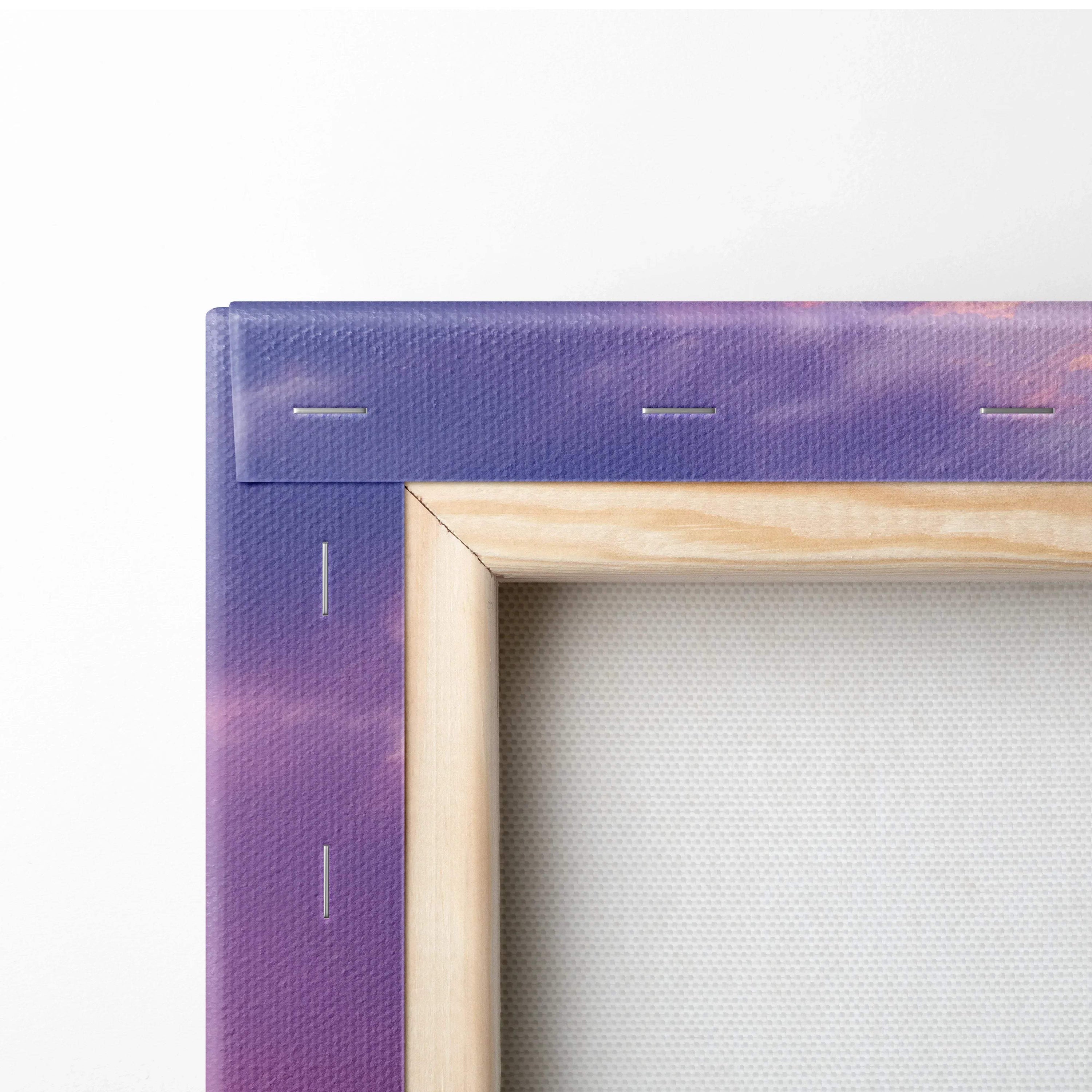 Purple gradient tropical sunset canvas art in light wood frame