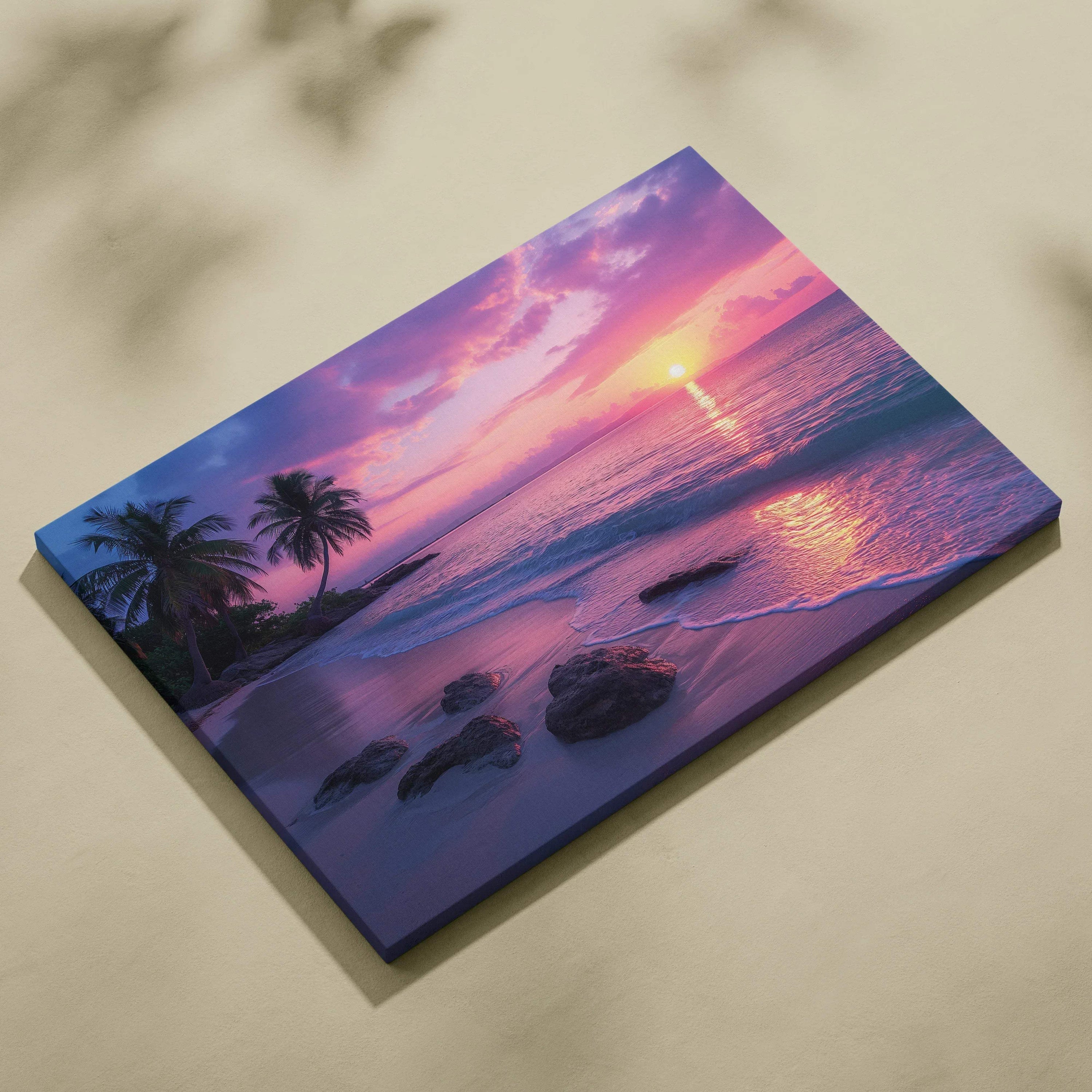 Vibrant tropical sunset canvas wall art with palm trees, ocean waves, pink purple hues