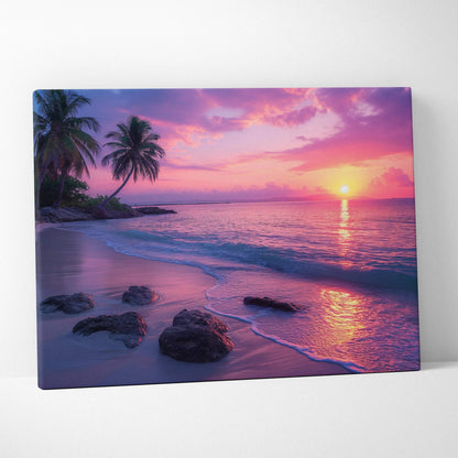 Vibrant canvas wall art of tropical sunset paradise with palm trees and pink purple beach hues