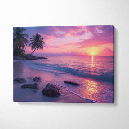 Vibrant canvas wall art of tropical sunset paradise with palm trees and pink purple beach hues