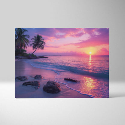 Vibrant tropical sunset beach canvas print with palm trees and pink purple hues