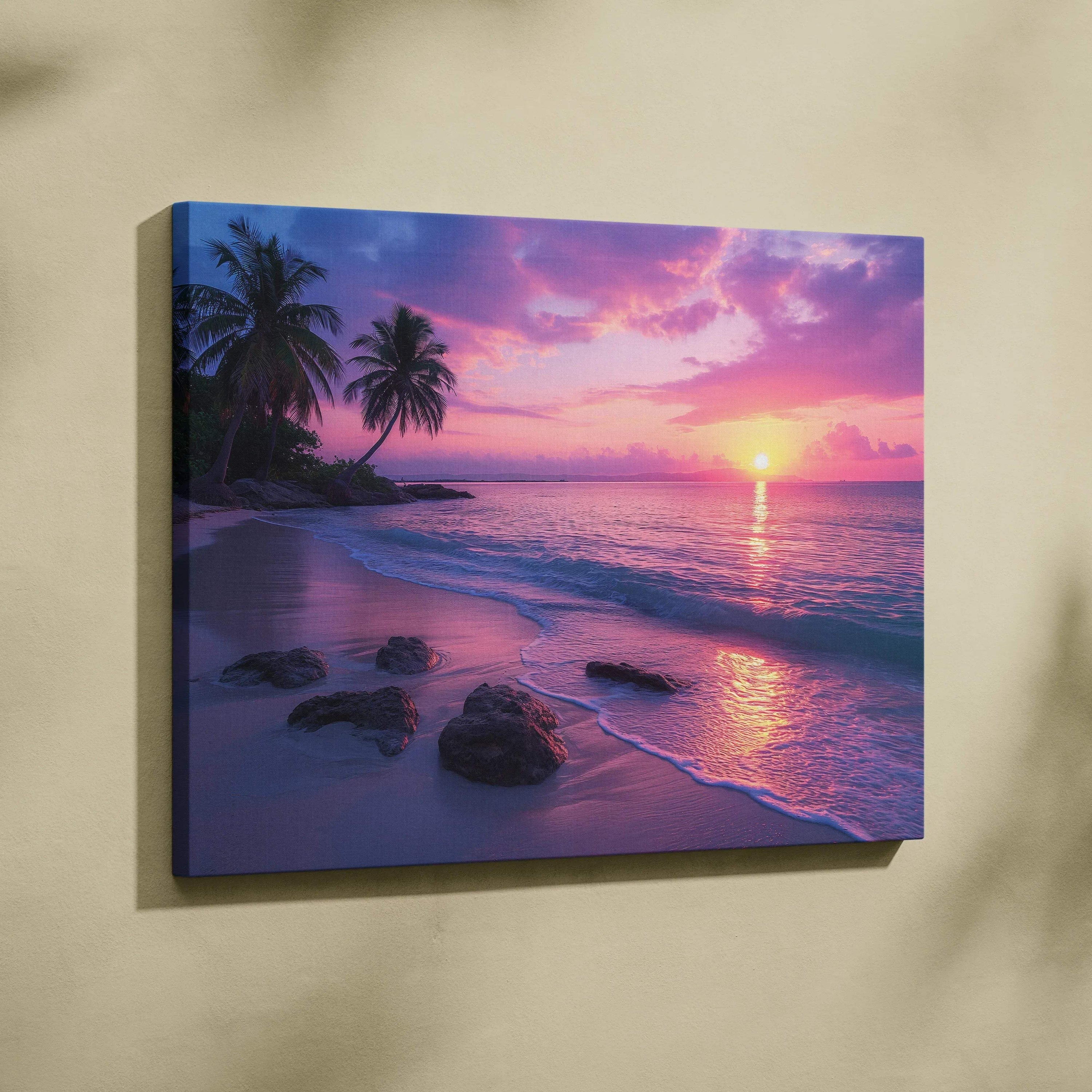 Vibrant canvas wall art of tropical sunset paradise with palm trees and pink purple beach hues