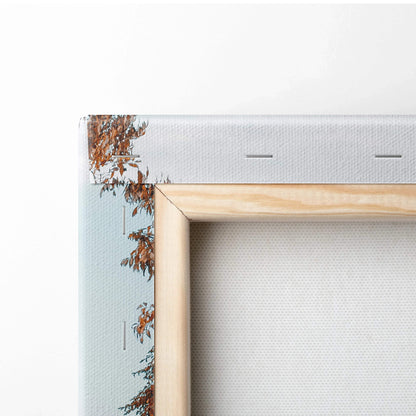 Natural wood frame with vibrant autumn leaves design on a stretched canvas wall art print.