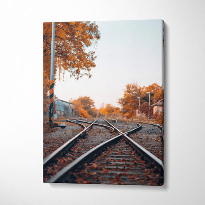 Autumn landscape canvas wall art with railroad tracks and orange foliage.
