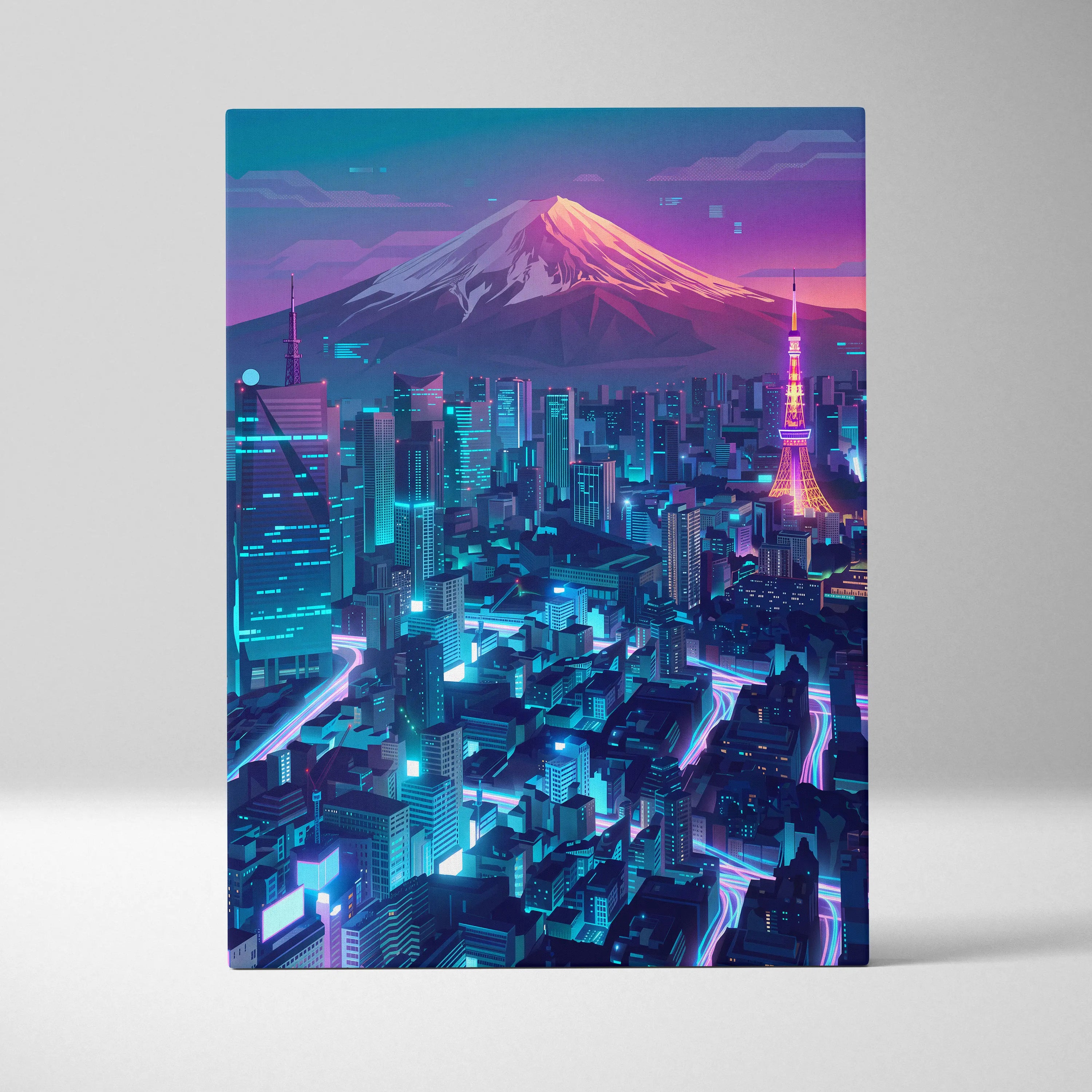 Neon Mountain City Vaporwave Canvas - Vaporwave City Neon Pink Blue Living Room Art - Dreamy Neon City Wall Art Canvas
