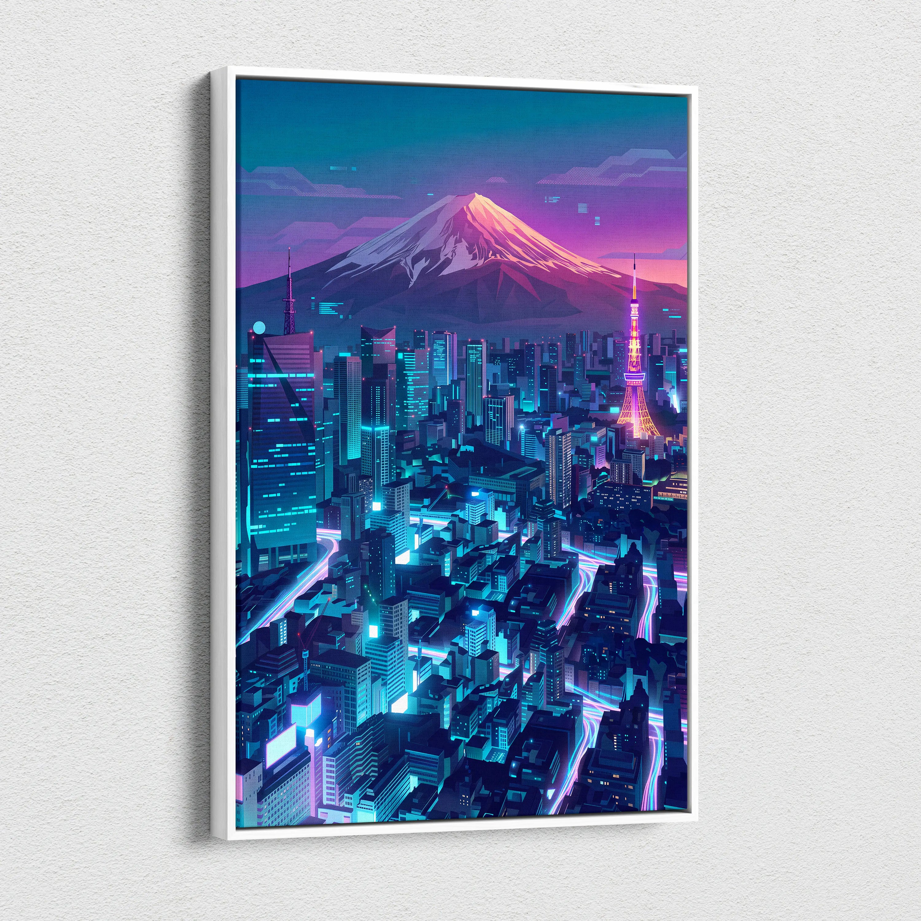 Neon Mountain City Vaporwave Canvas - Vaporwave City Neon Pink Blue Living Room Art - Dreamy Neon City Wall Art Canvas