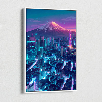 Neon Mountain City Vaporwave Canvas - Vaporwave City Neon Pink Blue Living Room Art - Dreamy Neon City Wall Art Canvas