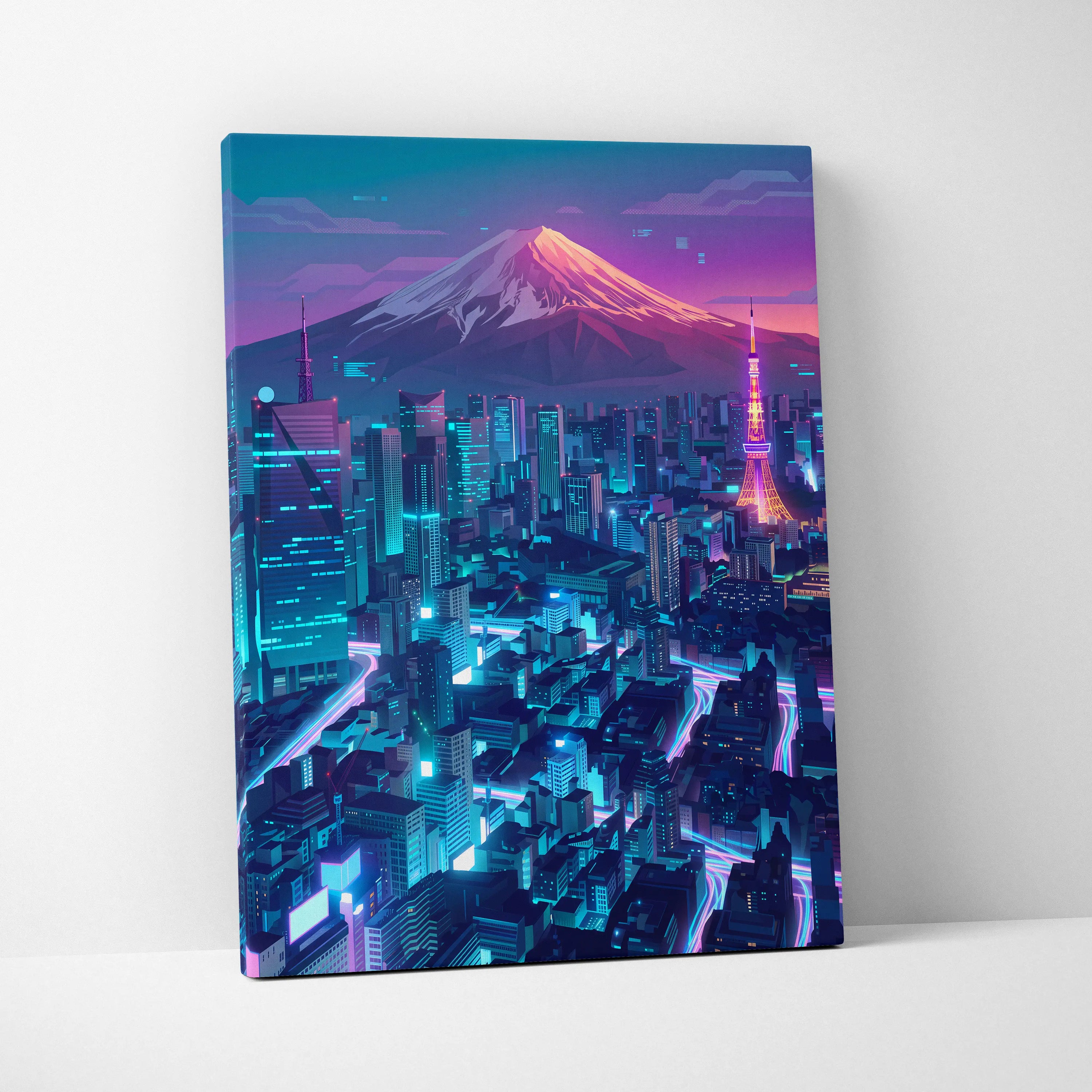 Neon Mountain City Vaporwave Canvas - Vaporwave City Neon Pink Blue Living Room Art - Dreamy Neon City Wall Art Canvas