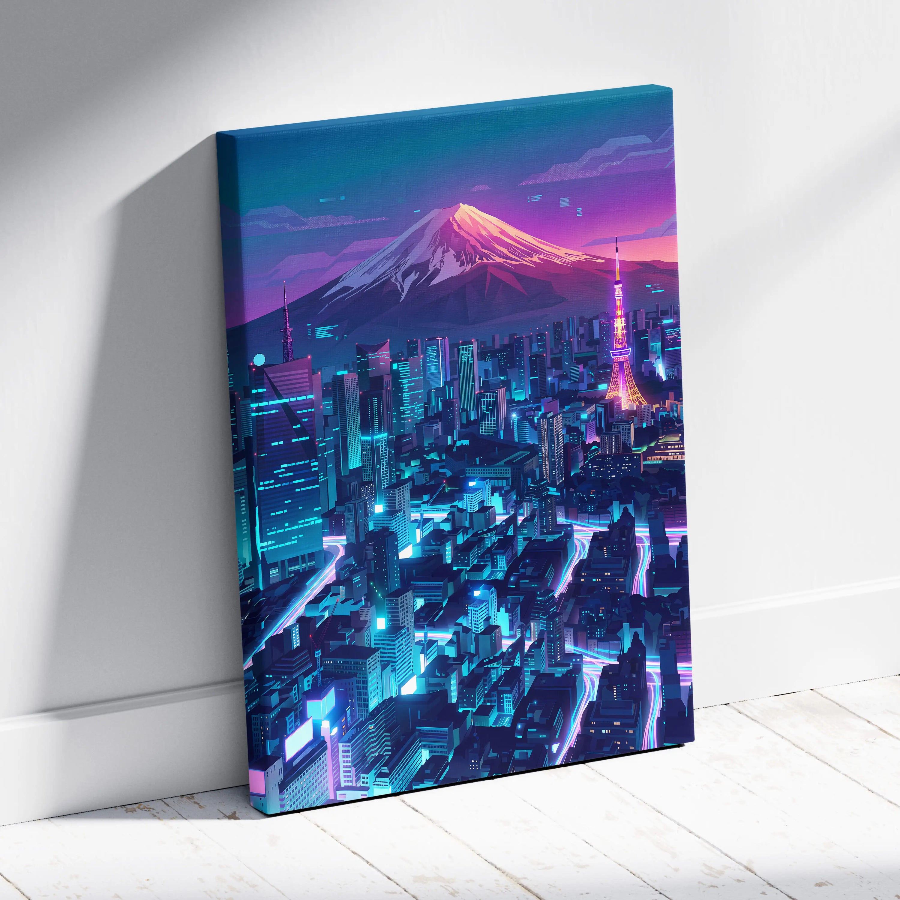 Neon Mountain City Vaporwave Canvas - Vaporwave City Neon Pink Blue Living Room Art - Dreamy Neon City Wall Art Canvas