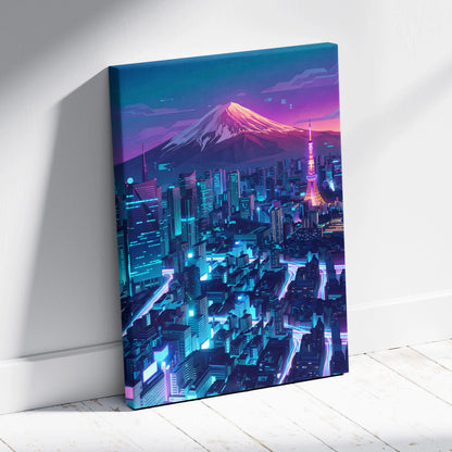 Neon Mountain City Vaporwave Canvas - Vaporwave City Neon Pink Blue Living Room Art - Dreamy Neon City Wall Art Canvas