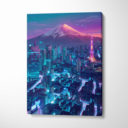 Neon Mountain City Vaporwave Canvas - Vaporwave City Neon Pink Blue Living Room Art - Dreamy Neon City Wall Art Canvas