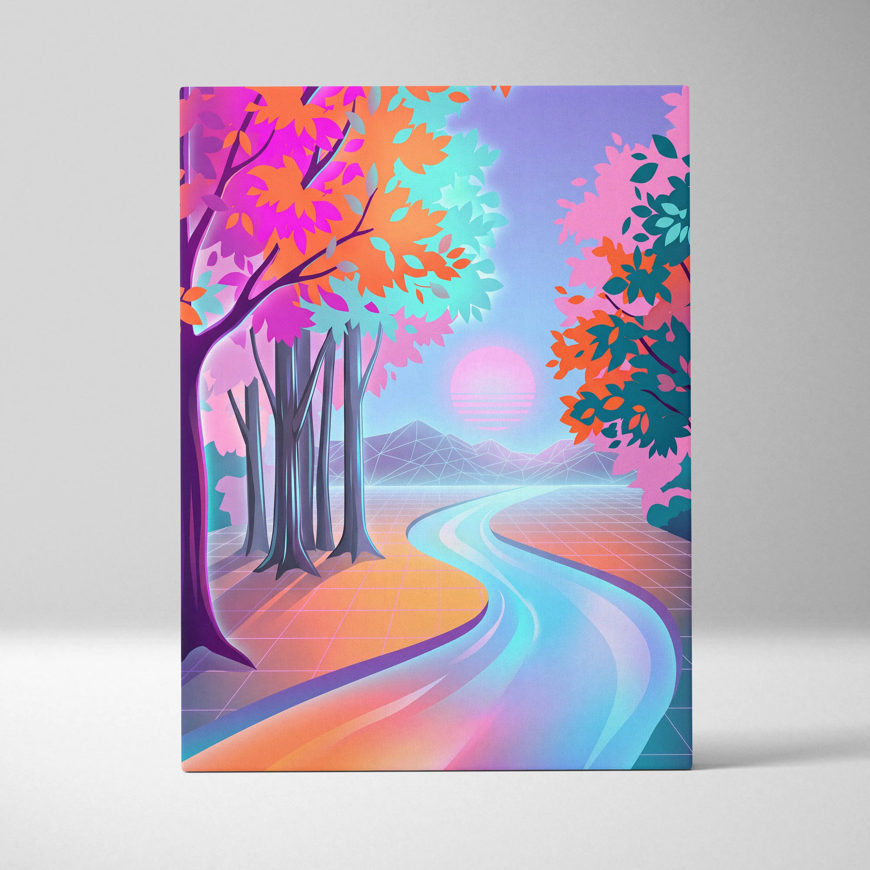 Neon Sunset Vaporwave Canvas - Vaporwave Landscape Neon Pink Teal Living Room Dreamy Nostalgic Wall Art Canvas
