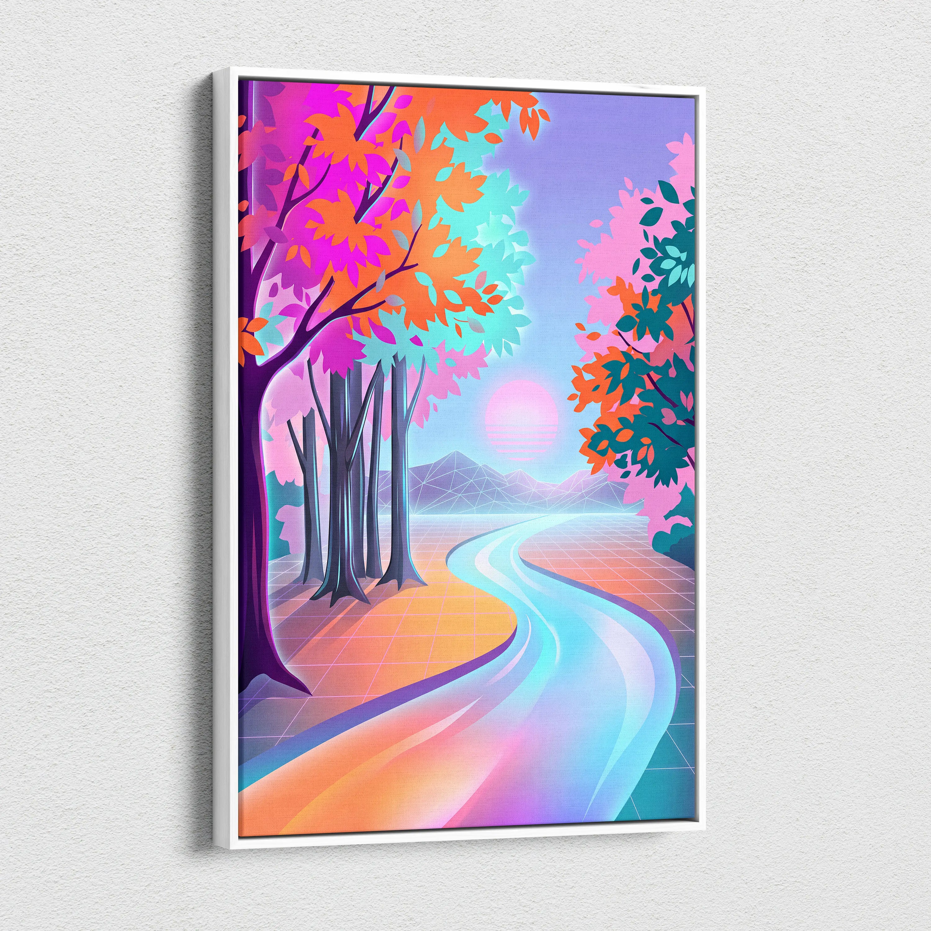 Neon Sunset Vaporwave Canvas - Vaporwave Landscape Neon Pink Teal Living Room Dreamy Nostalgic Wall Art Canvas