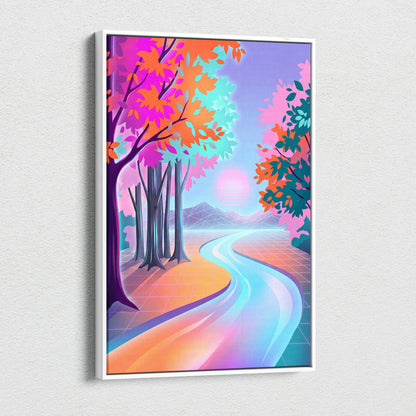 Neon Sunset Vaporwave Canvas - Vaporwave Landscape Neon Pink Teal Living Room Dreamy Nostalgic Wall Art Canvas