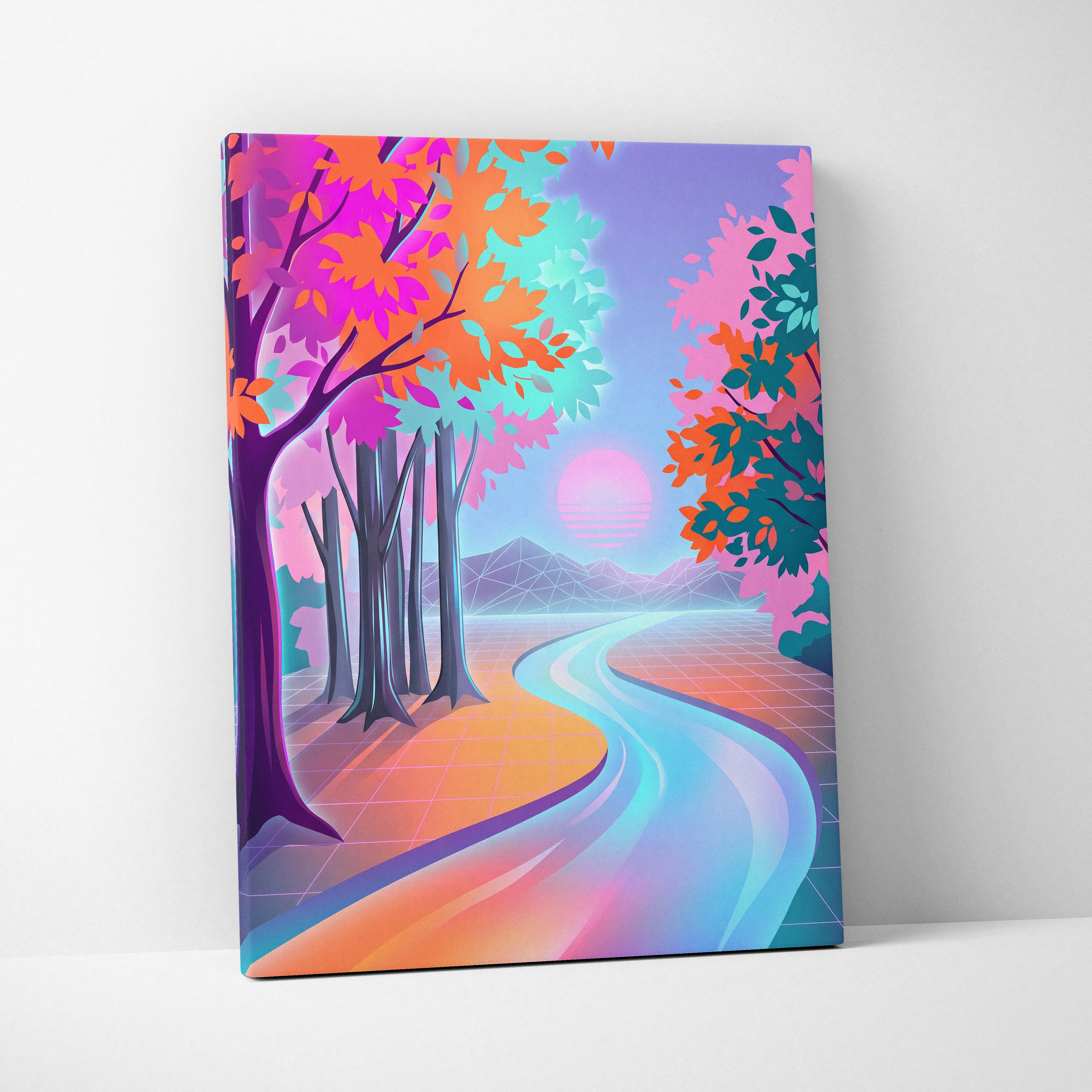 Neon Sunset Vaporwave Canvas - Vaporwave Landscape Neon Pink Teal Living Room Dreamy Nostalgic Wall Art Canvas
