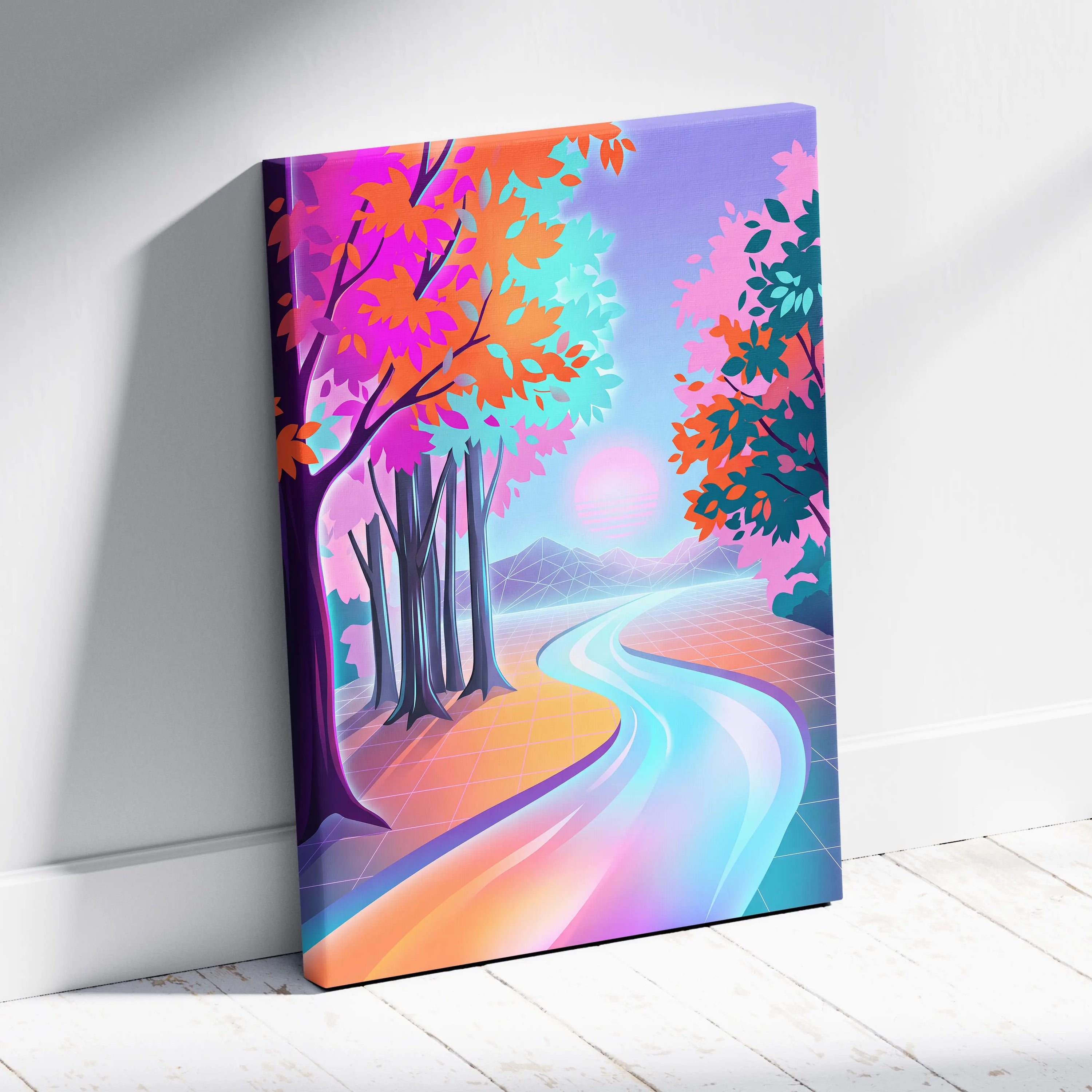 Neon Sunset Vaporwave Canvas - Vaporwave Landscape Neon Pink Teal Living Room Dreamy Nostalgic Wall Art Canvas