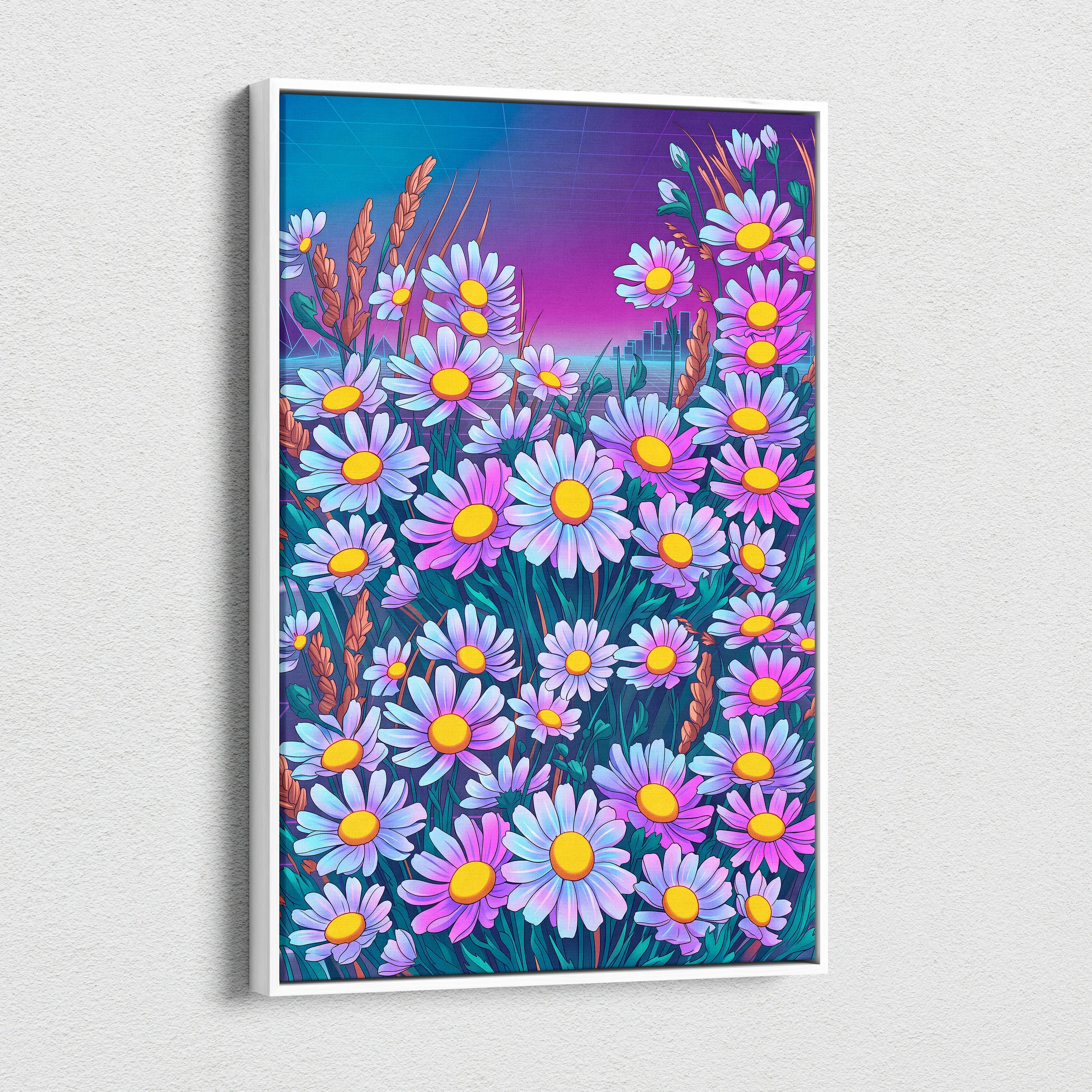 Vaporwave Neon Daisy Canvas - Daisy Neon Pink Living Room Vaporwave Mood Nostalgic Surreal Decor Synthwave Art Canvas