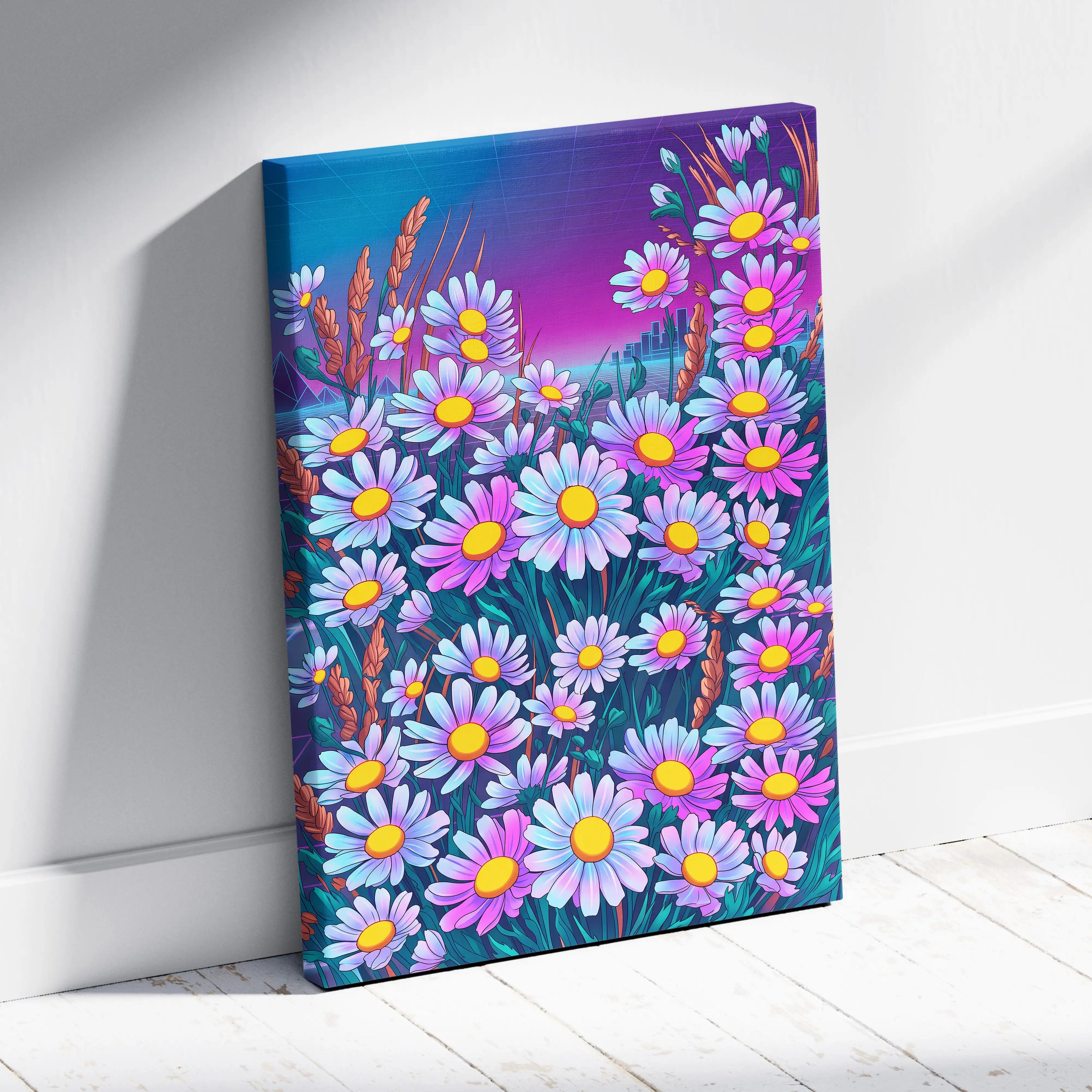 Vaporwave Neon Daisy Canvas - Daisy Neon Pink Living Room Vaporwave Mood Nostalgic Surreal Decor Synthwave Art Canvas