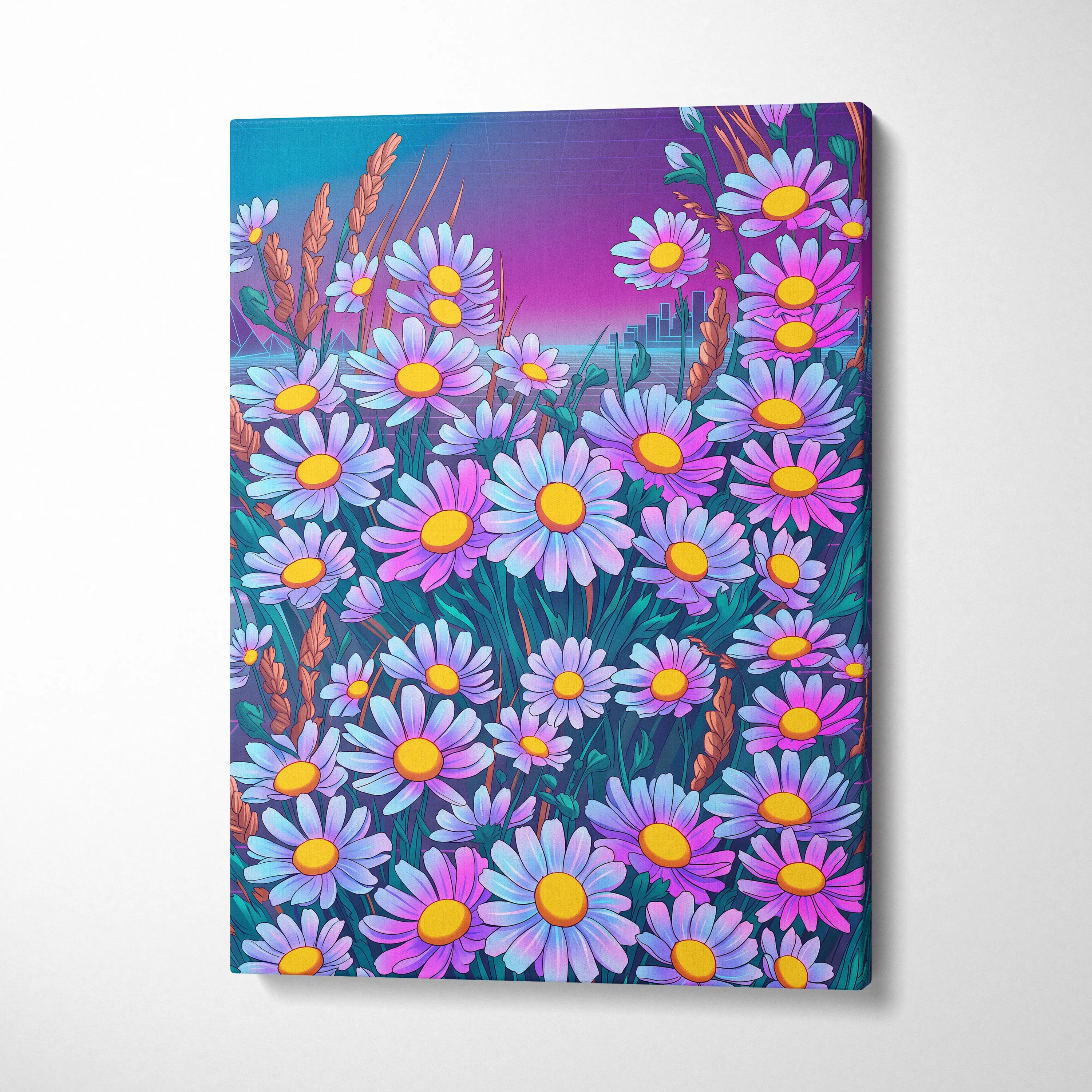 Vaporwave Neon Daisy Canvas - Daisy Neon Pink Living Room Vaporwave Mood Nostalgic Surreal Decor Synthwave Art Canvas