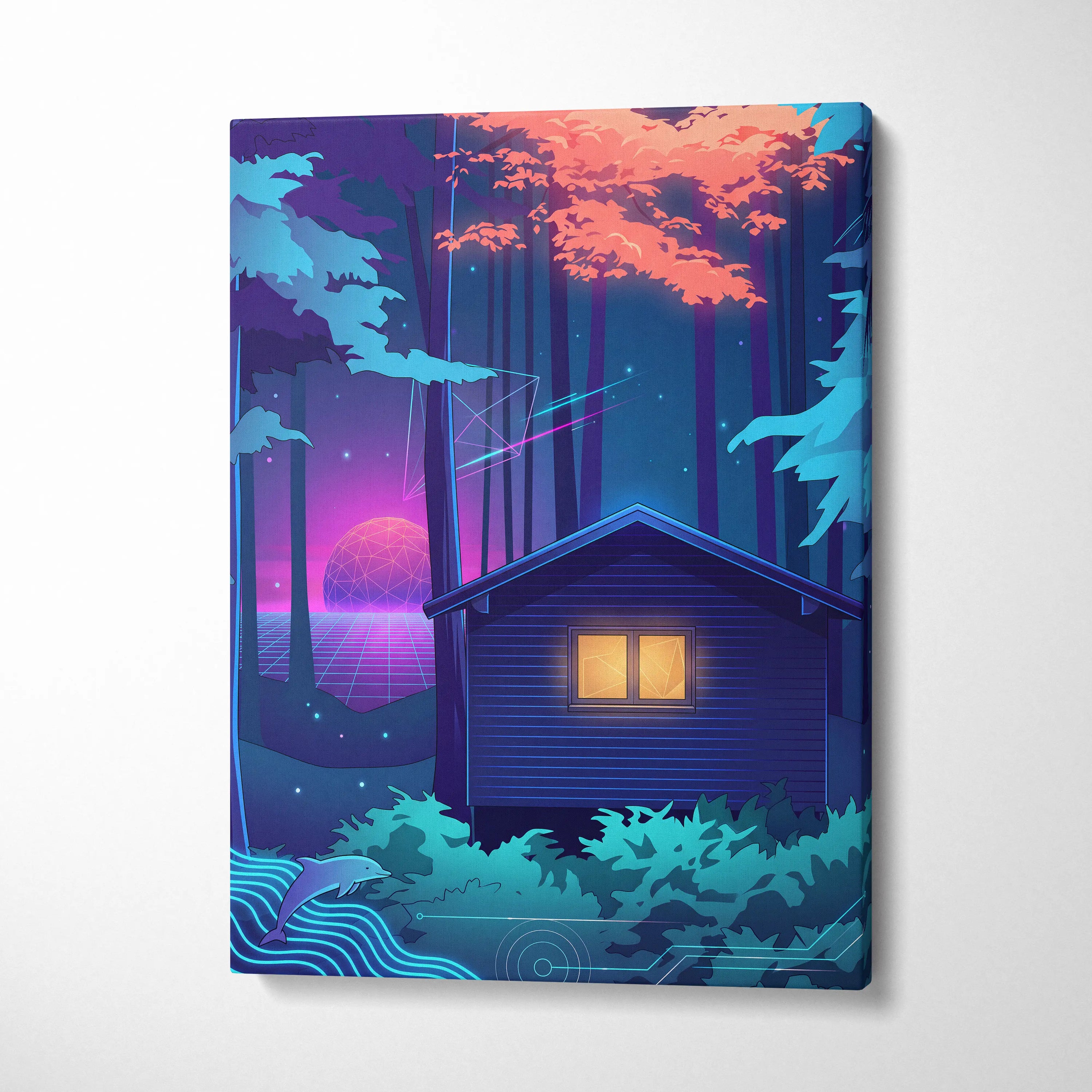Neon Vaporwave Forest Canvas - Vaporwave Landscape Blue Purple Pink Neon Living Room Retro Dreamy Mood Canvas Print
