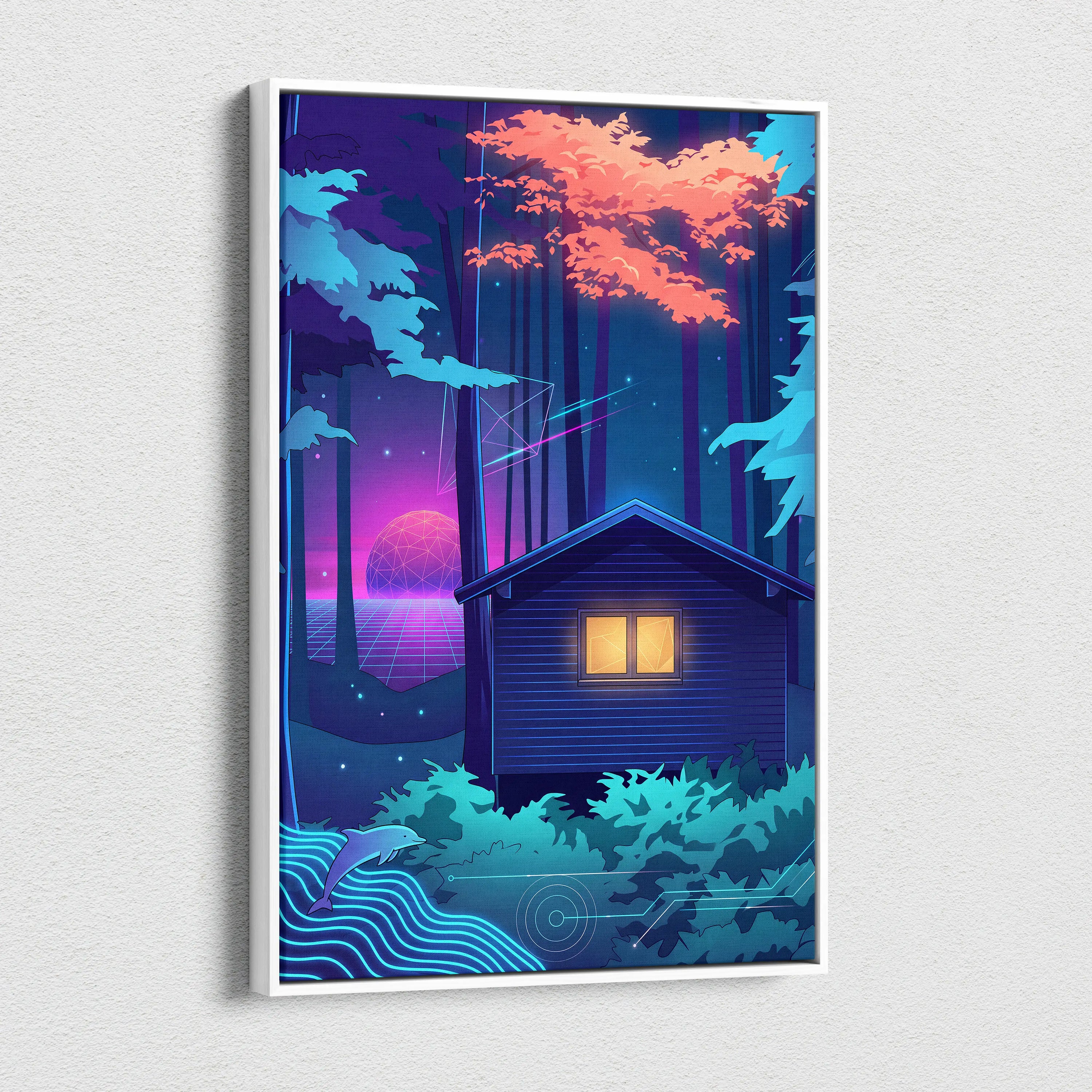 Neon Vaporwave Forest Canvas - Vaporwave Landscape Blue Purple Pink Neon Living Room Retro Dreamy Mood Canvas Print