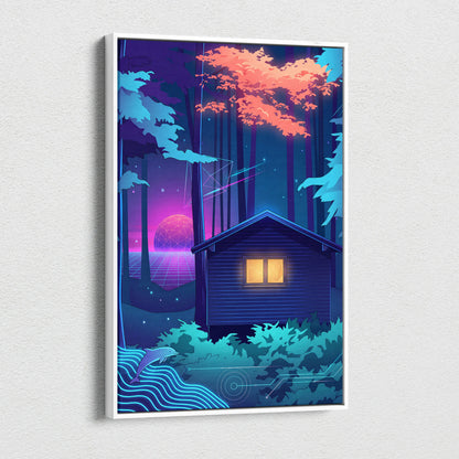 Neon Vaporwave Forest Canvas - Vaporwave Landscape Blue Purple Pink Neon Living Room Retro Dreamy Mood Canvas Print